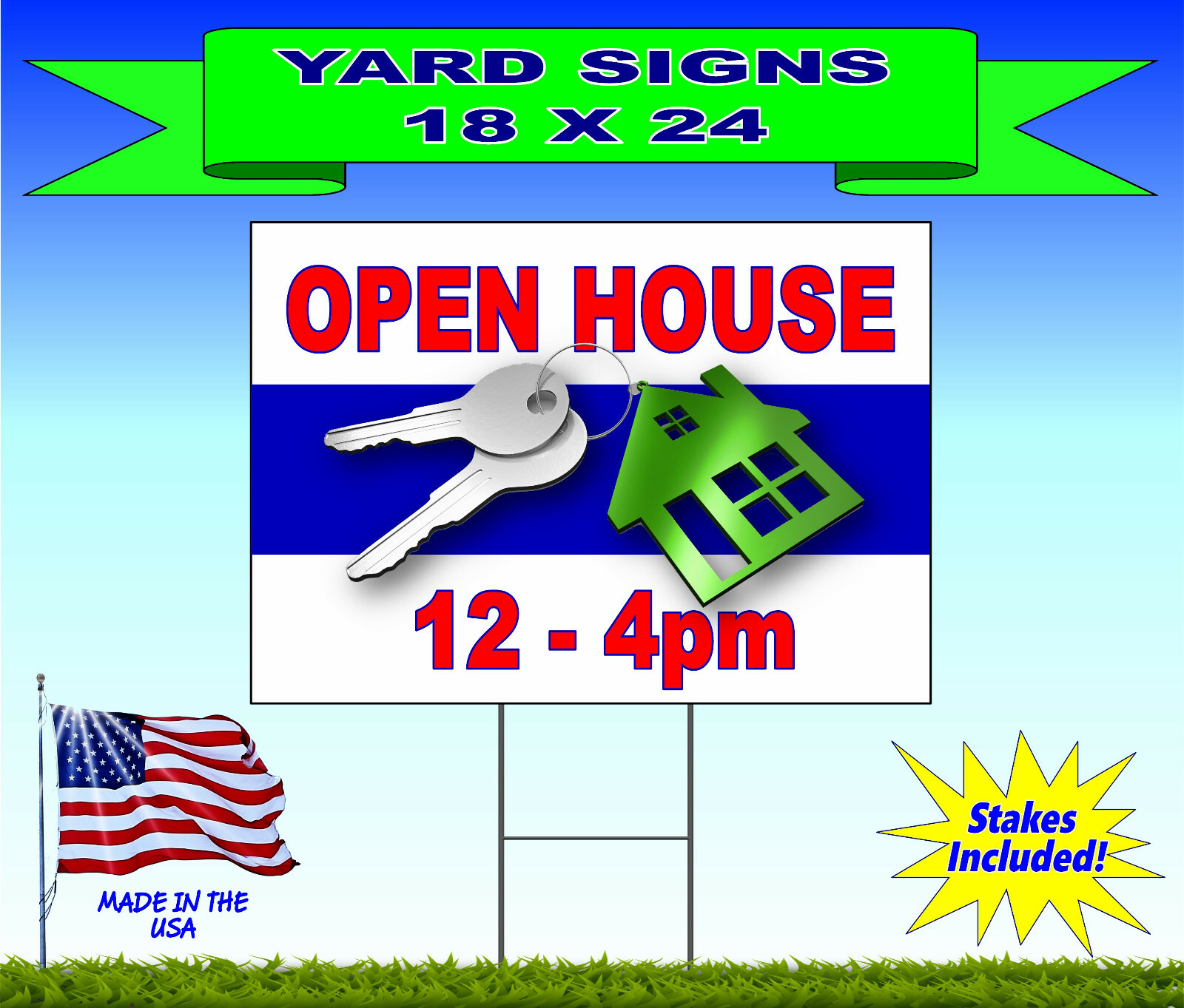 100 – 18×24 Yard Signs – Custom Design – Full Color – 2 Sided – Stakes Included!
