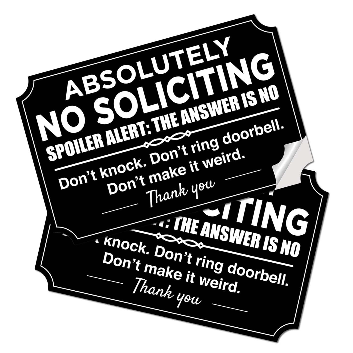 2 Pack Absolutely No Soliciting Sign for House – Weatherproof Self-Adhesive N…