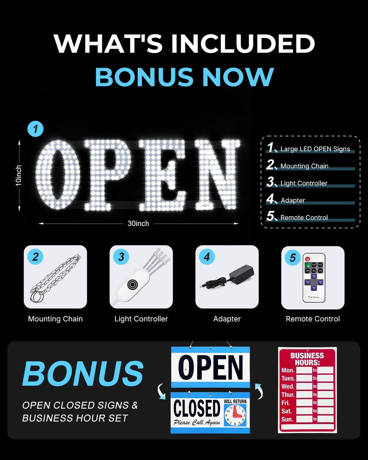 Open Sign for Business, 30″x10″ Jumbo Open Sign with Timer and Remote Control…