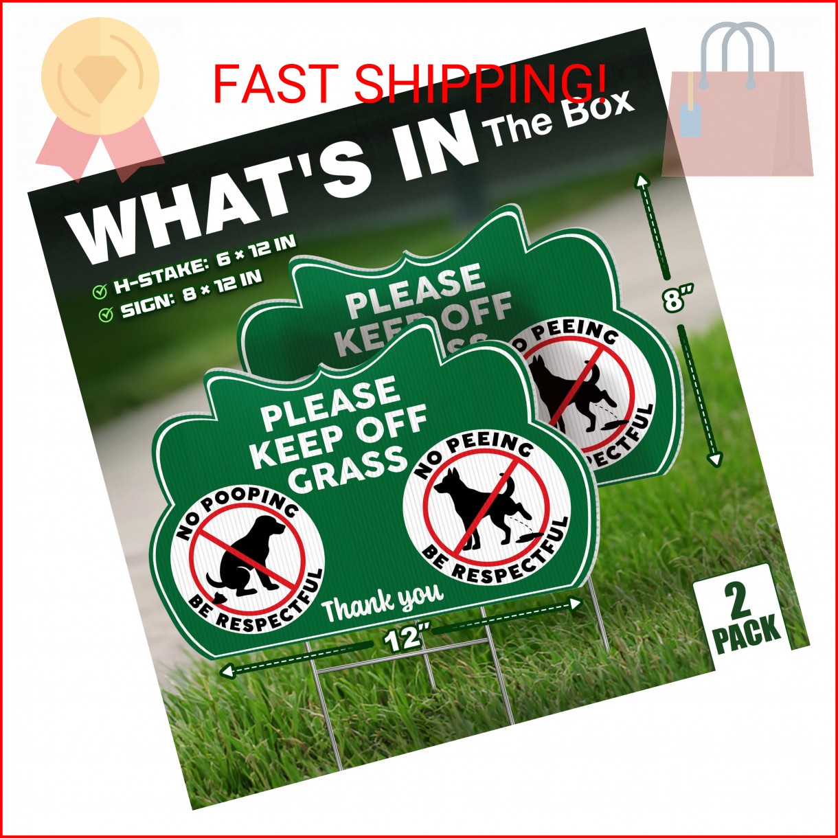 Keep Off Grass Signs for Yard with Stakes, 8 x 12 Inch Double Sided No Dog Poop