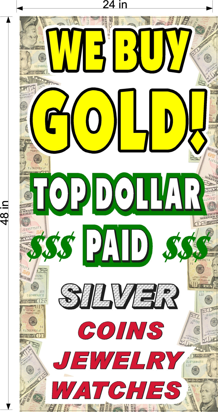 PERFORATED WINDOW DECAL PAWN SHOP CASH FOR GOLD AMMO LOT OF 4 2′ X 4′ VERTICAL
