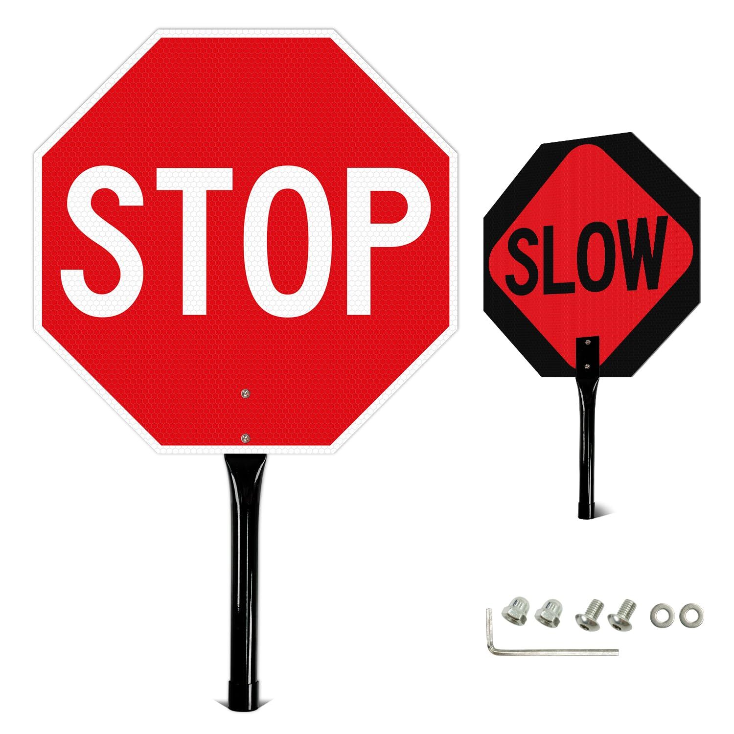 Stop Slow Sign with Metal Handle 18×18 inches Double Sided Slow/Stop sign Tra…