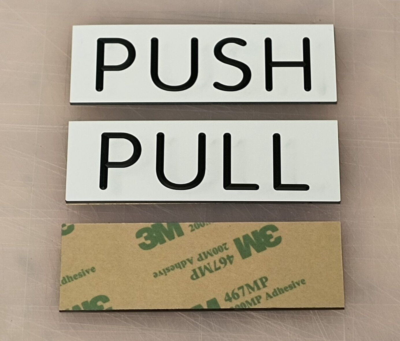 pair – Engraved PUSH and PULL White 1×3 inch Glass or Steel Door Signs plaques