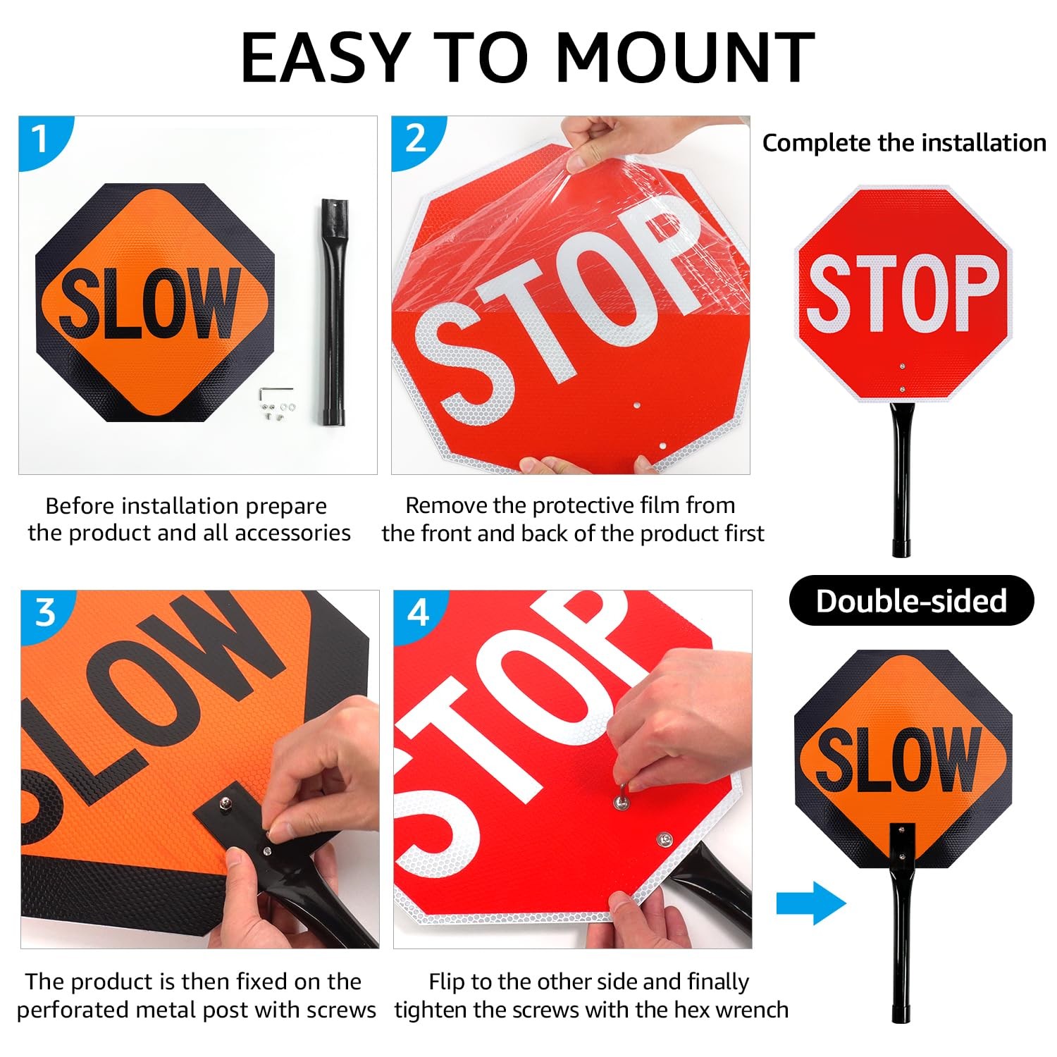 13×13 inch Stop Slow Paddle Sign with Handle Double Sided Reflective Aluminum