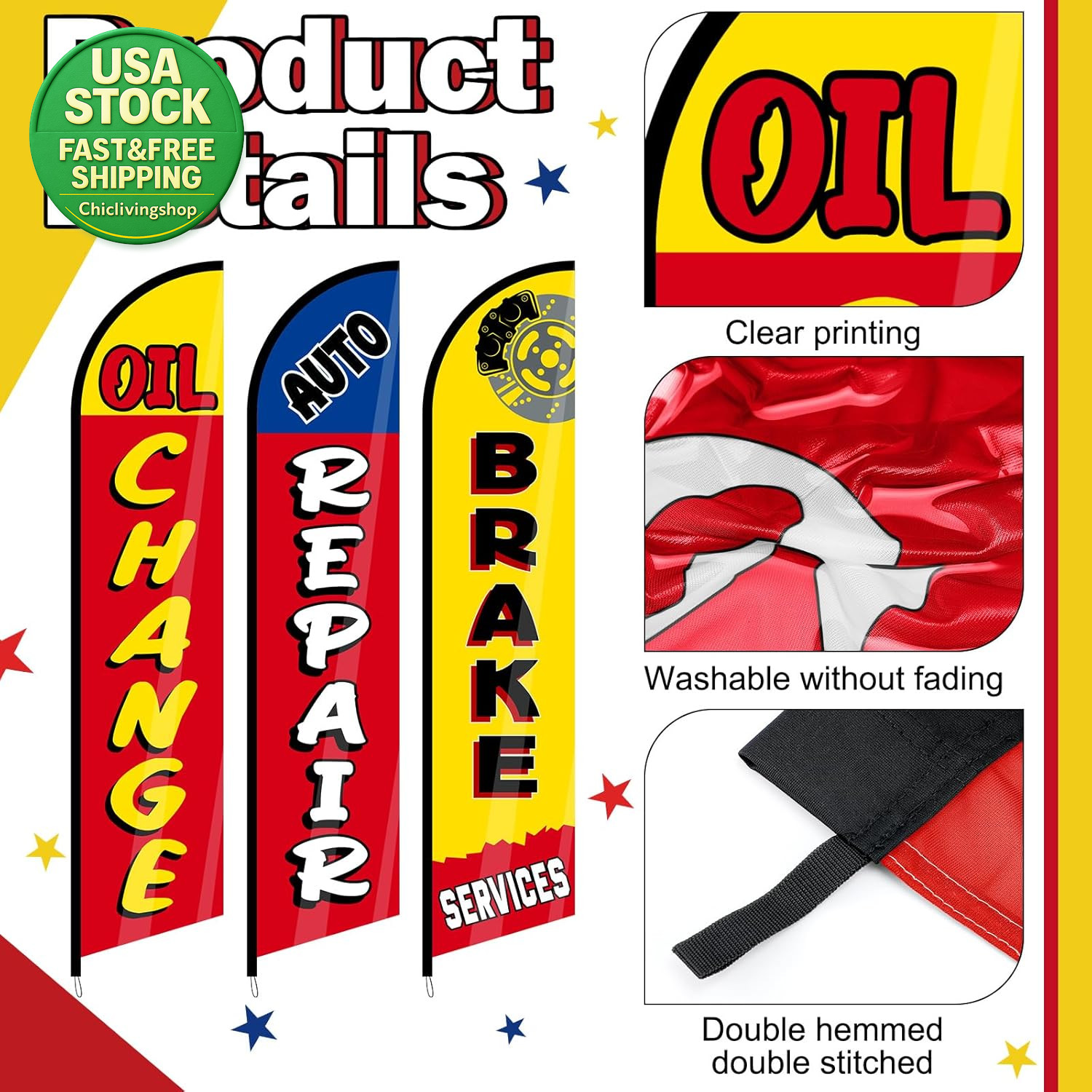 Auto Repair Shop Feather Flags 3 Pack 12X2.5Ft Windless Advertising For
