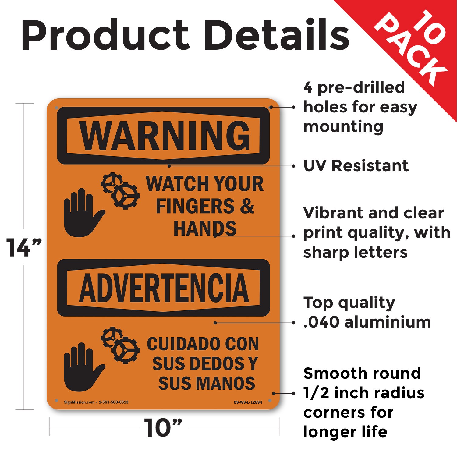 Watch Your Hands And Fingers Bilingual OSHA WARNING Sign Or Decal – 5 or 10 Pack