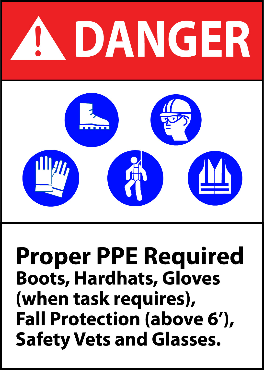 DANGER PROPER REQUIRED BOOTS,HARDHATS,GLOVES 1 | Adhesive Vinyl Sign Decal