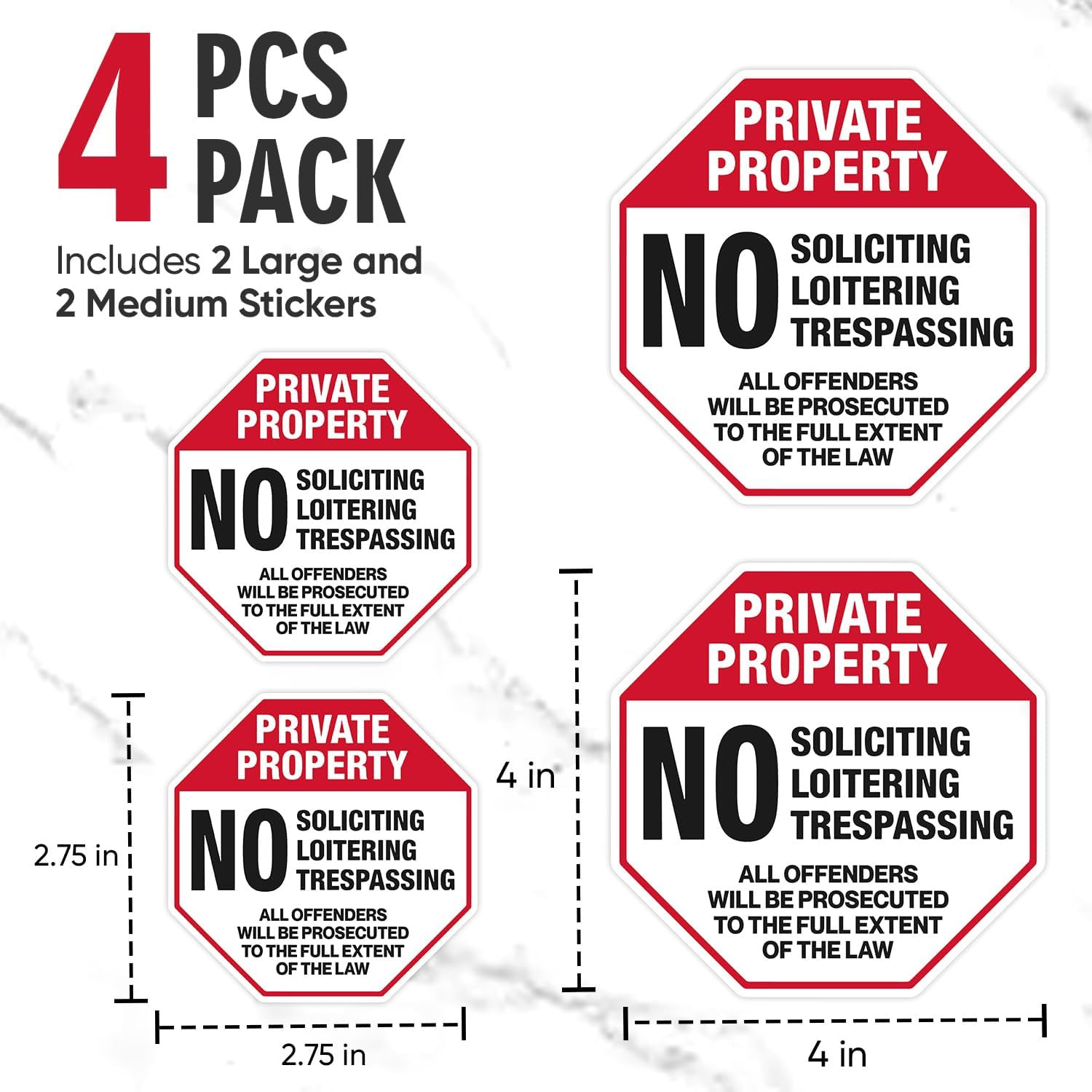 | (4 Pcs) Private Property No Trespassing Stickers – Two Sizes 4″x4″ & Two 2.75″