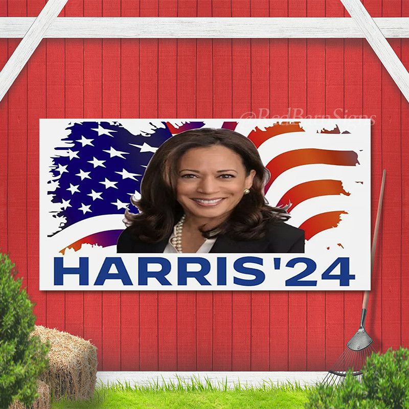 Kamala Harris 2024 Picture with Waving Flag Red White & Blue Banner Sign Meta
