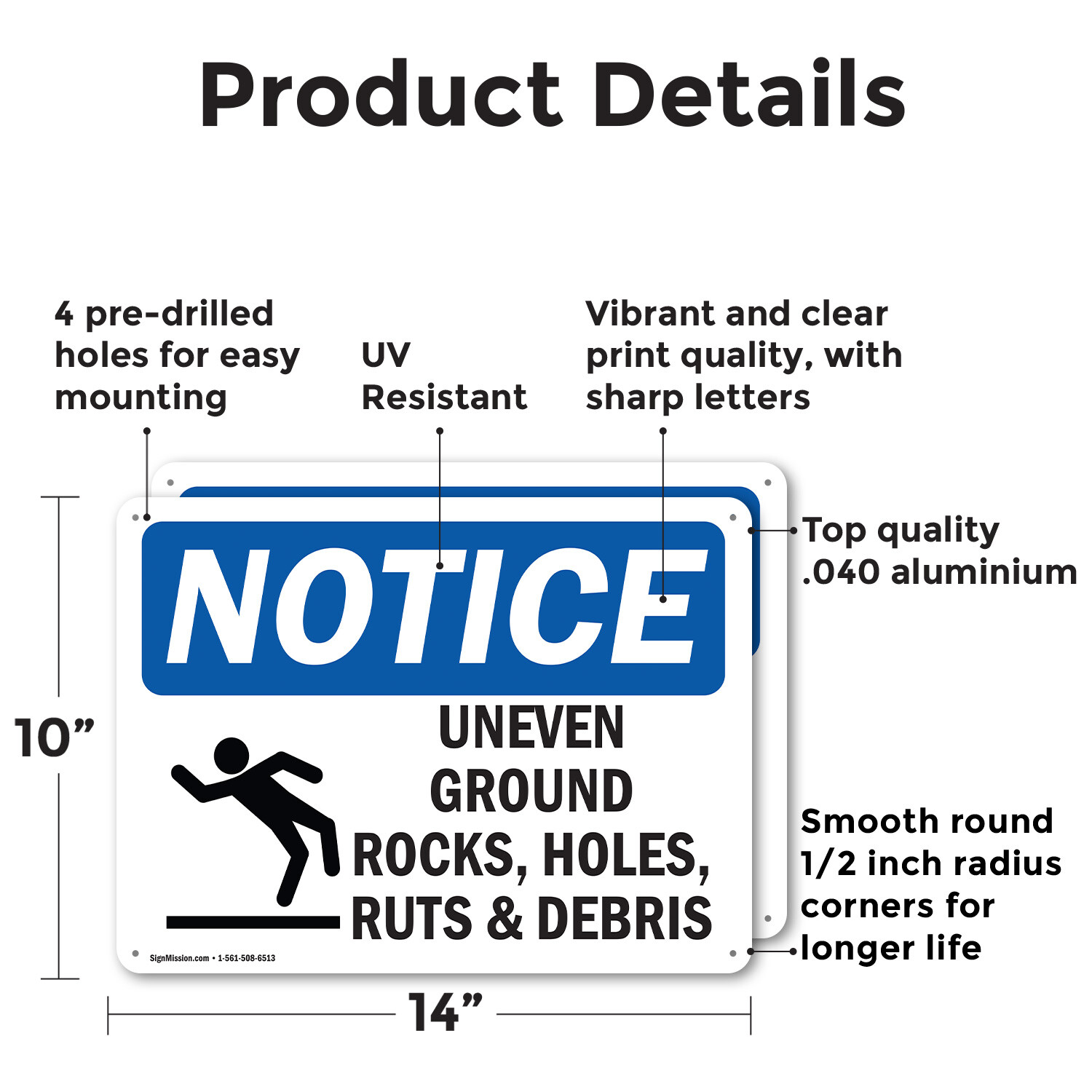 (2 Pack) Uneven Ground Rocks Holes OSHA Notice Sign Decal Metal Plastic
