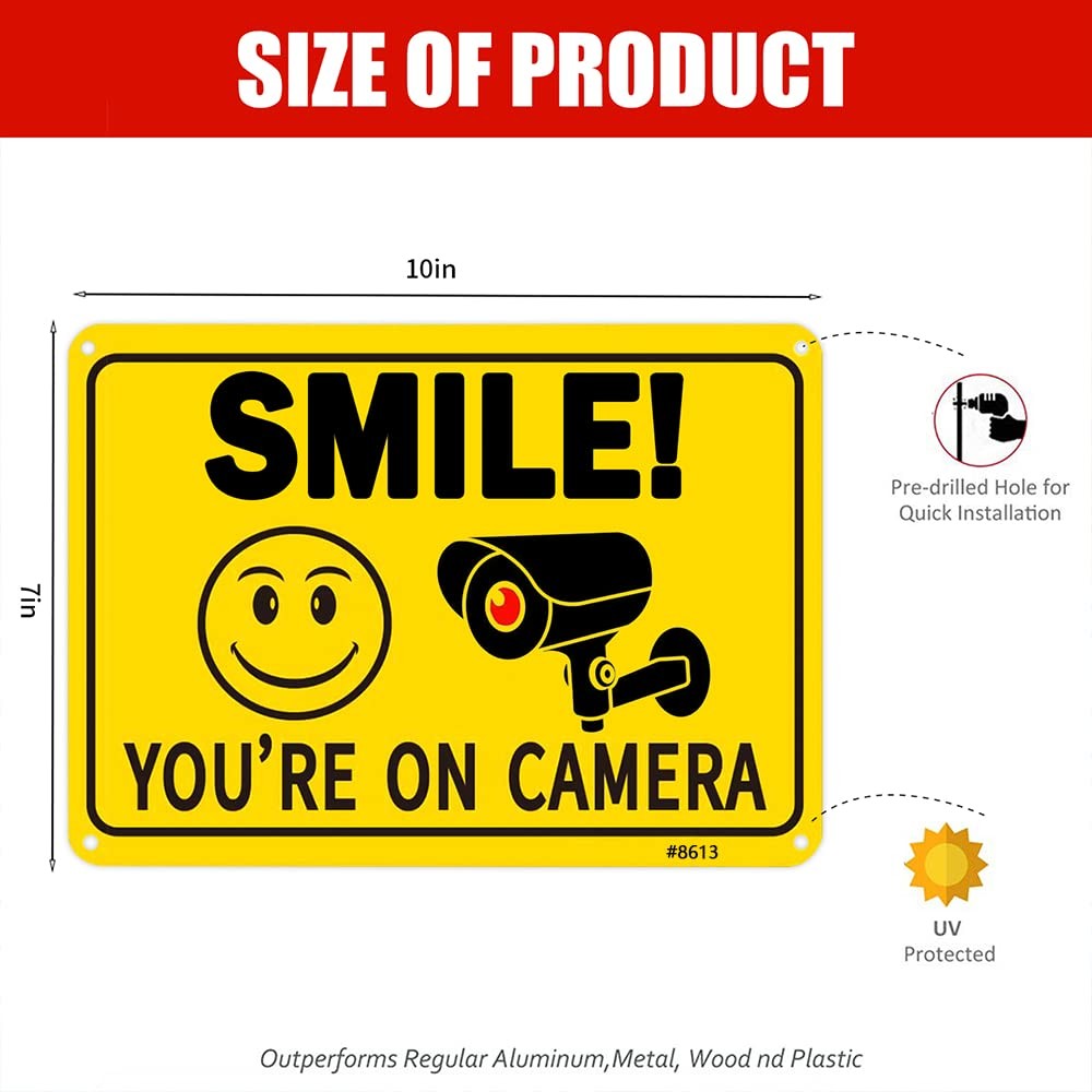 2 Pack Smile Youre On Camera Security Signs 10 x 7 Inch Rust Free Aluminum UV