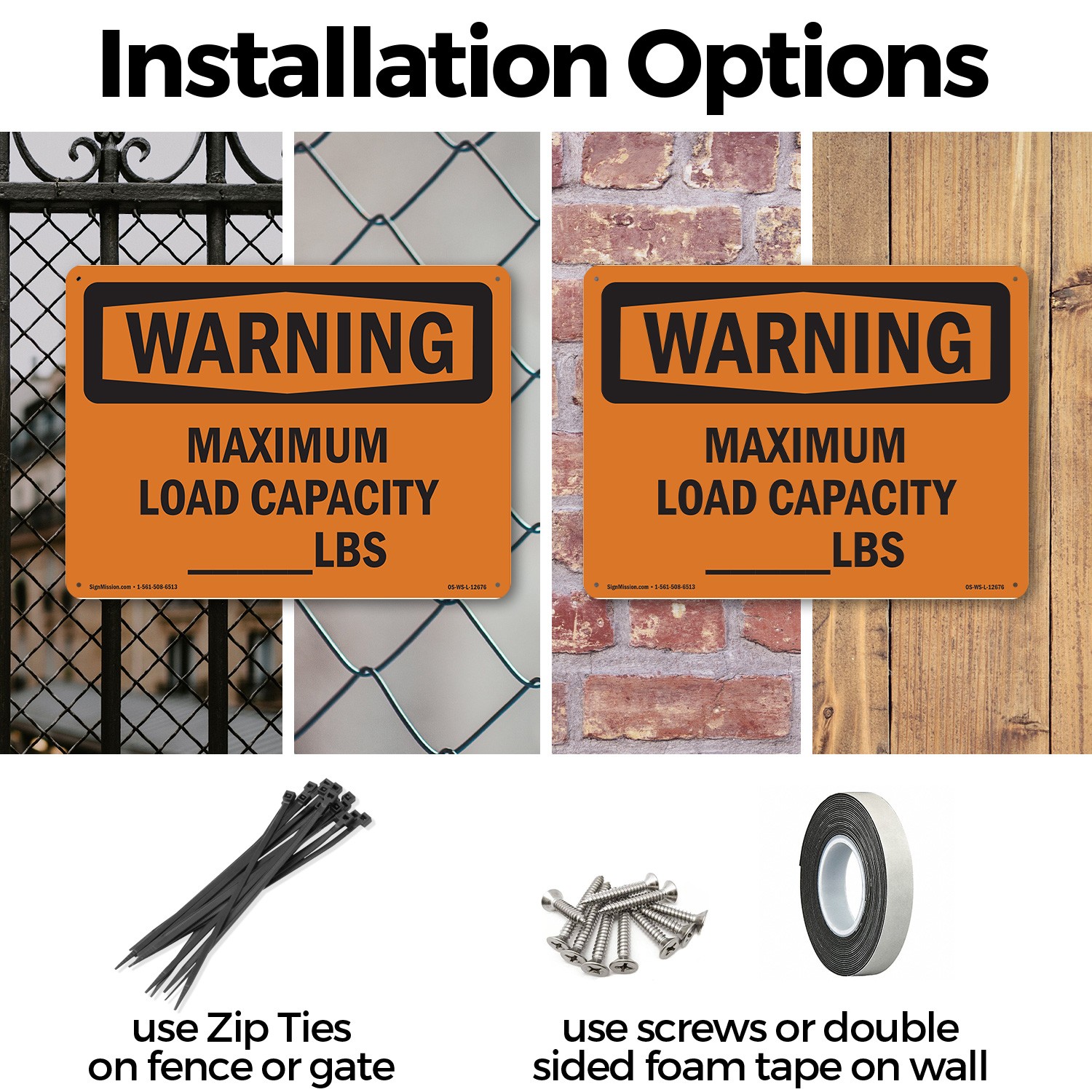 Maximum Load Capacity lbs OSHA WARNING Sign Metal, Plastic, Decal 5 or 10 Pack