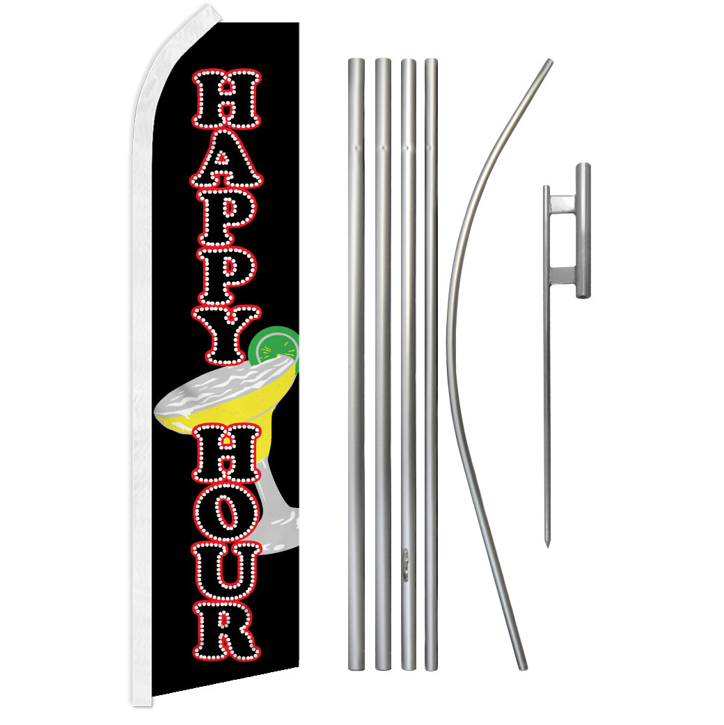 Happy Hour Advertising Swooper Feather Flutter Flag & Pole Kit Bar Restaurant