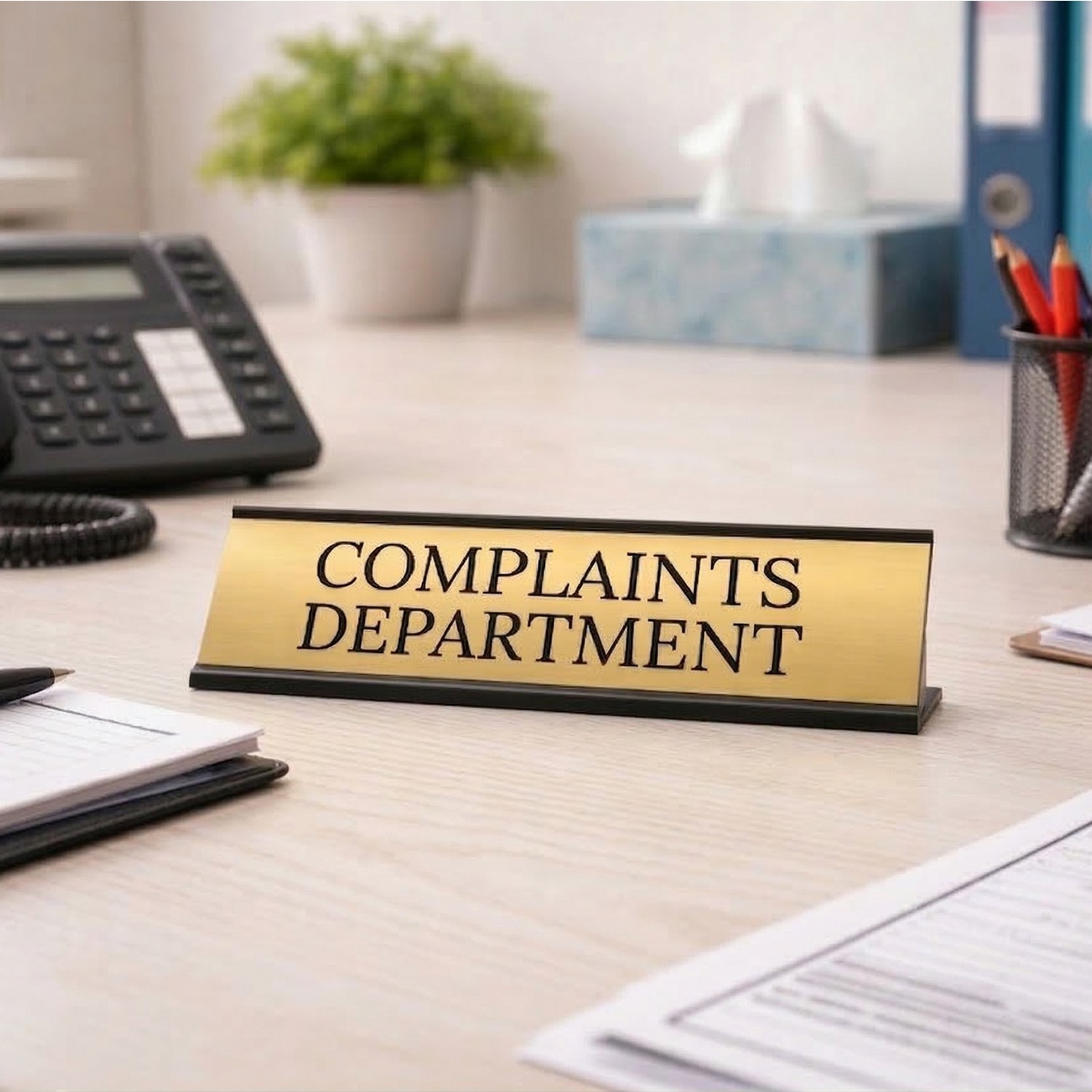 Complaints Department Office Decoration Gift Black Frame Desk Sign (2×8″)