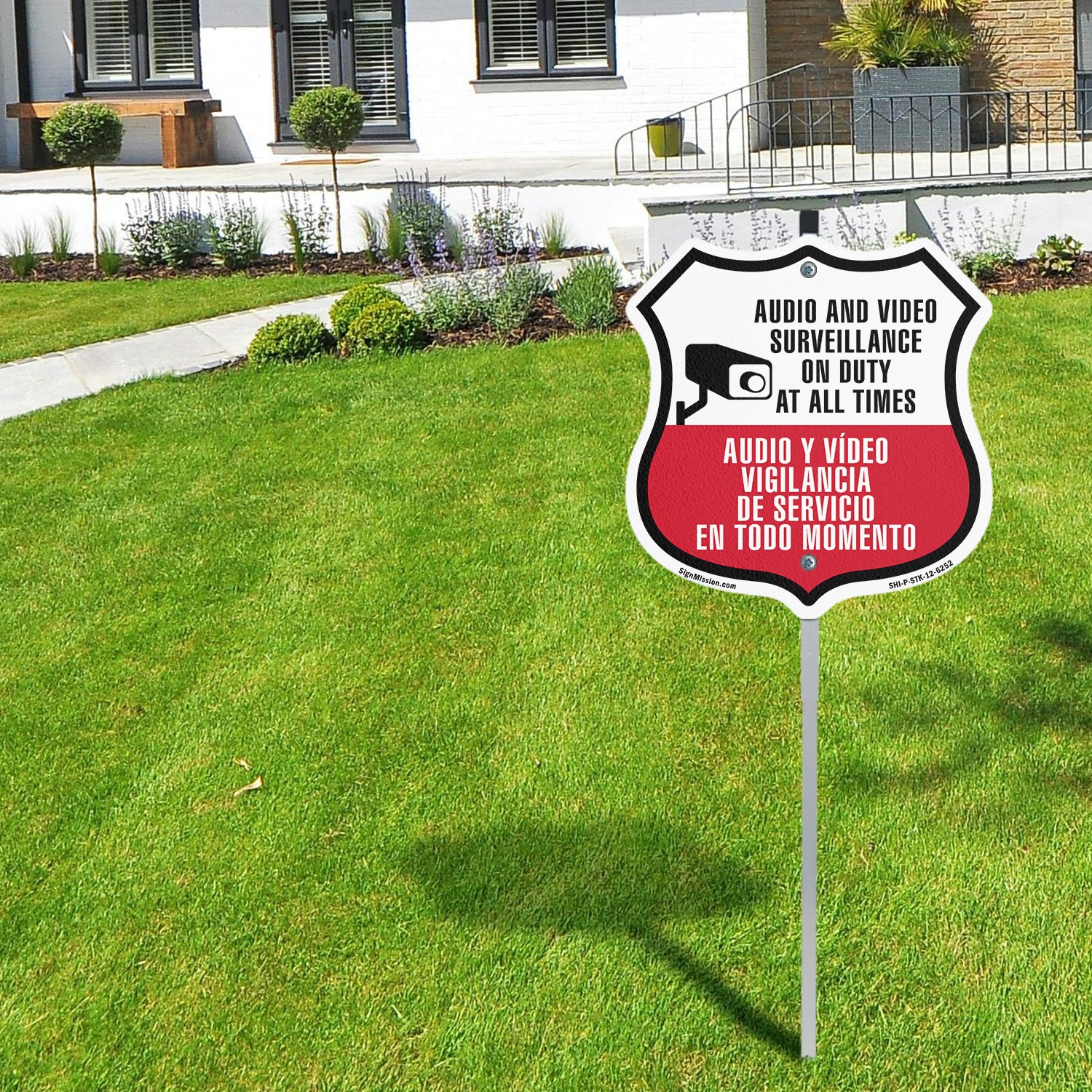 Audio & Video Surveillance On Duty At All Bilingual Span Shield Sign With Stake
