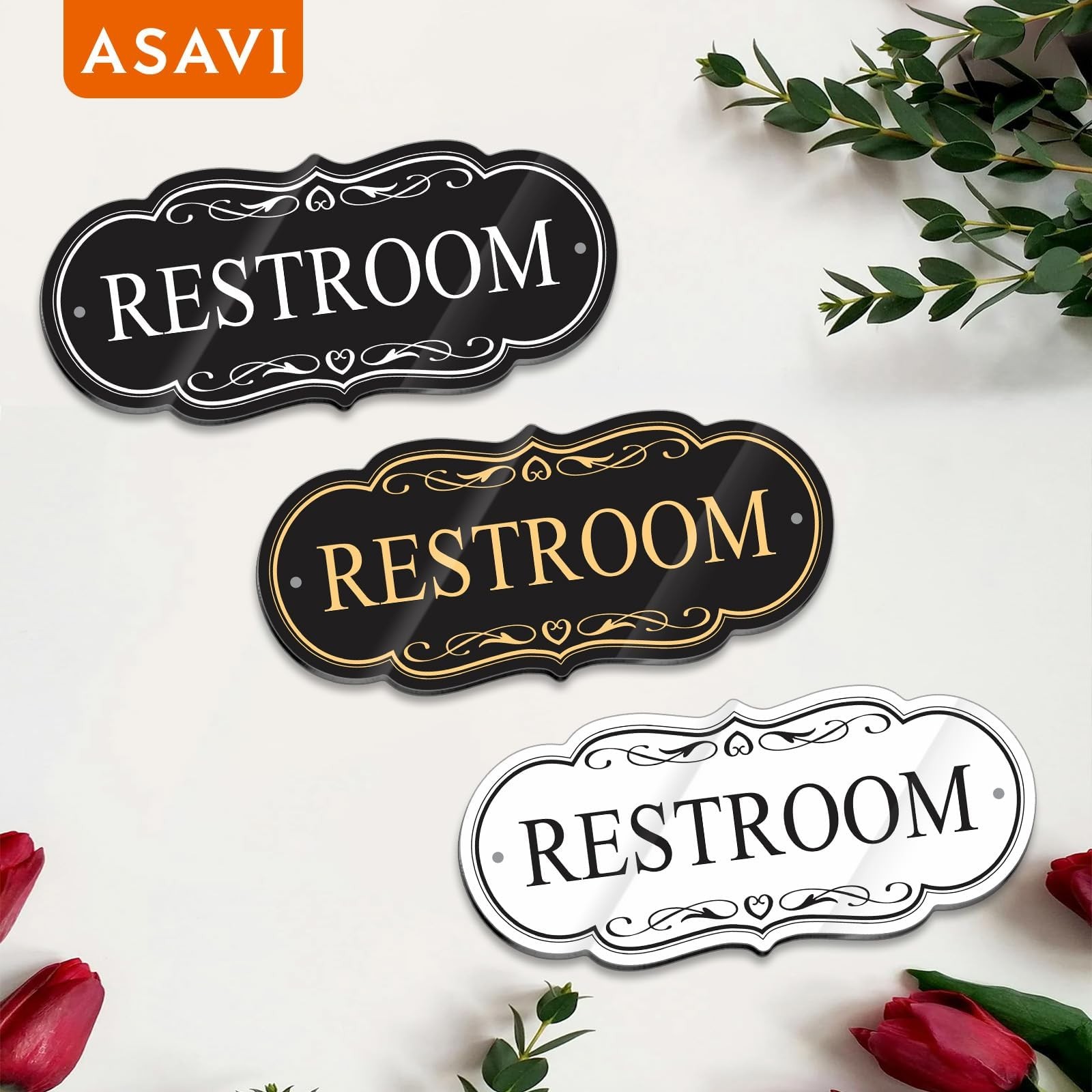 Restroom Sign 8×3.5 Inch Waterproof Acrylic SelfAdhesive Black Gold Decor