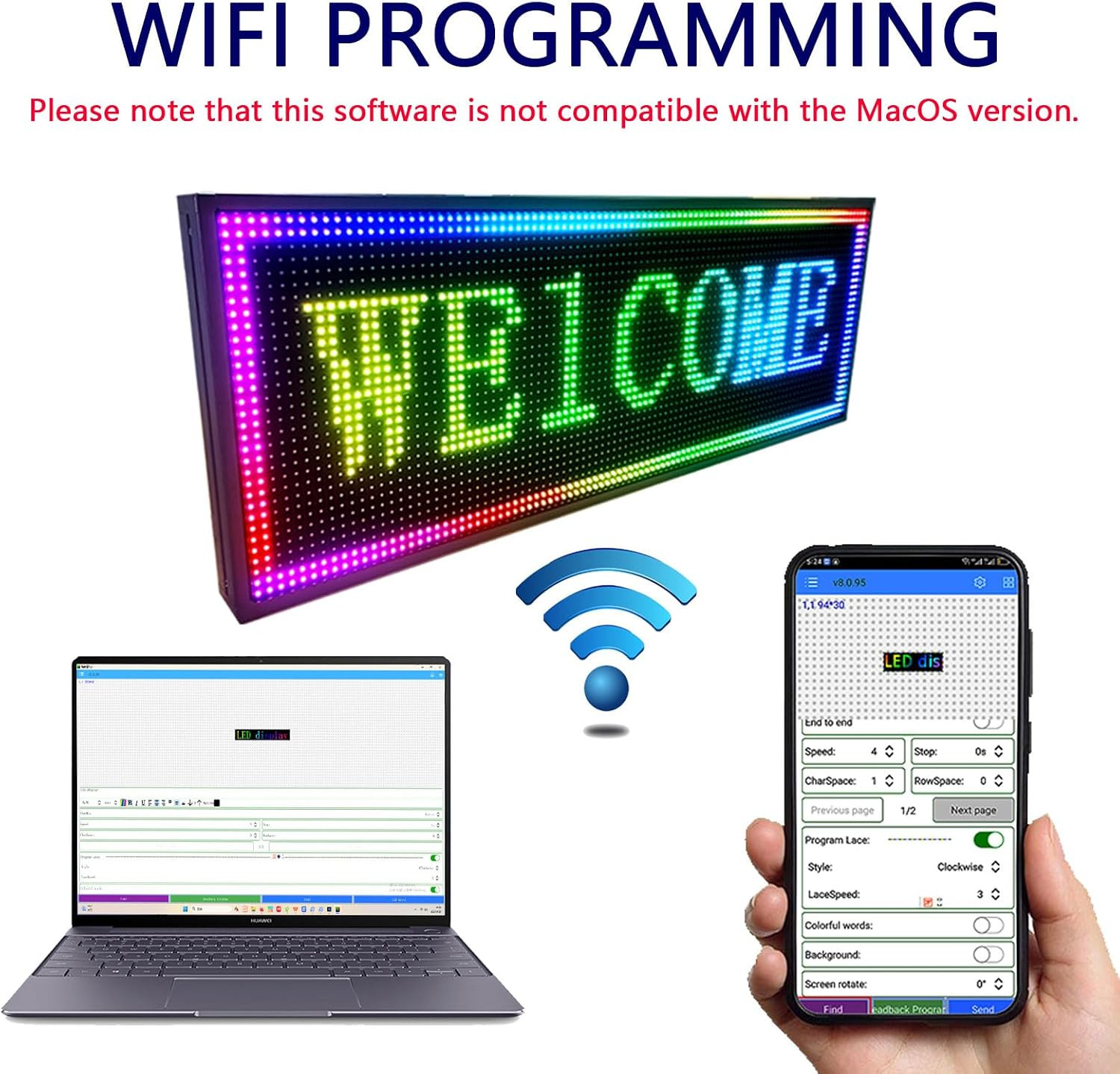 39×14″ Full Color LED Scrolling Message Sign WiFi App Control Waterproof Display