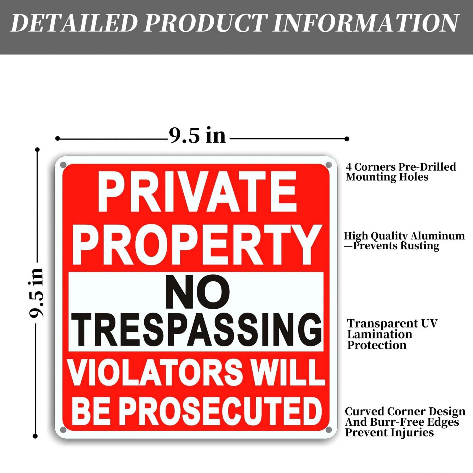 4 Pack No Trespassing Signs Private Property, 9.5 x 9.5 Inch Aluminum Sign