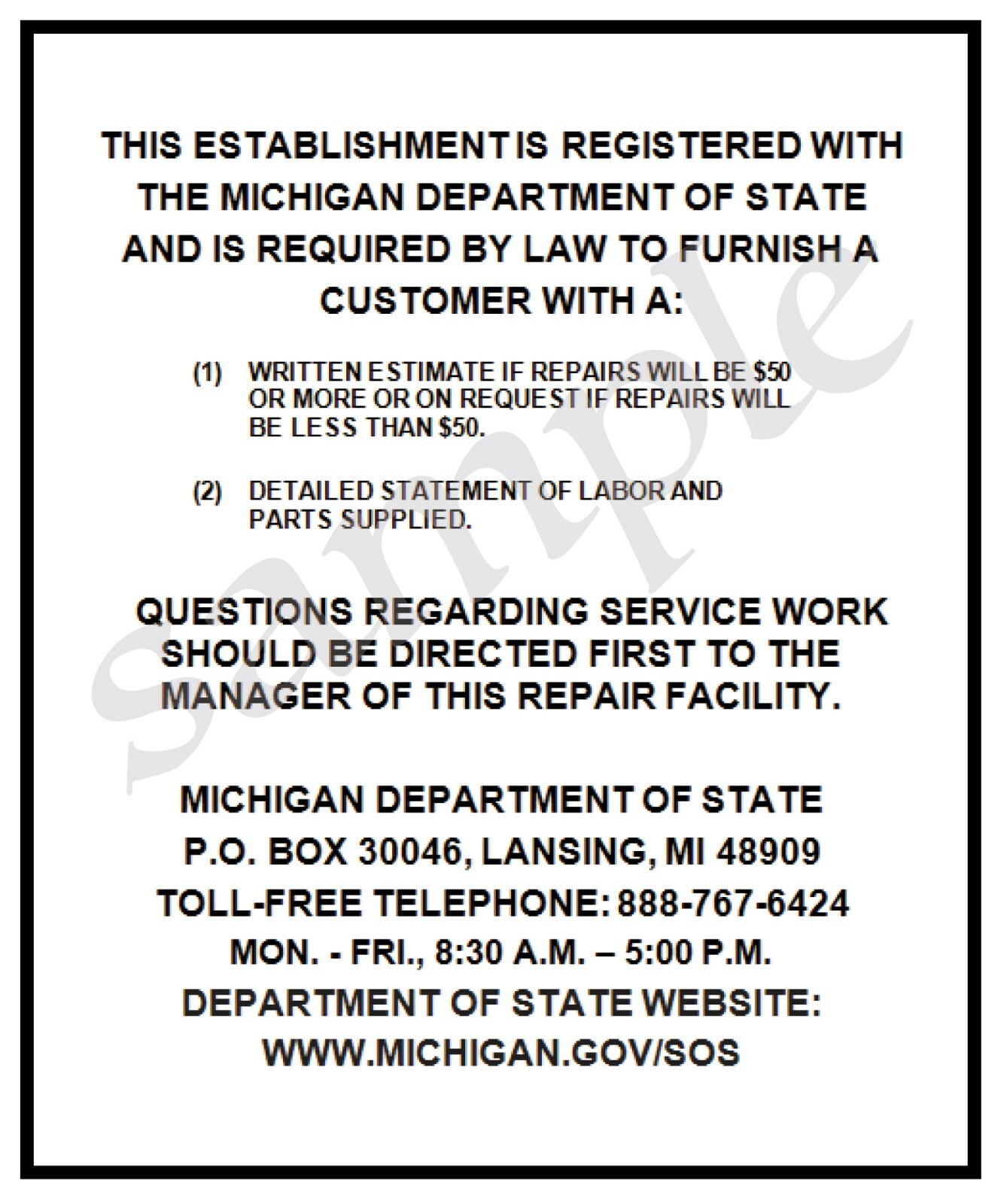 Michigan Consumer Information Auto Repair Poster Vinyl Banner Auto Shop Display
