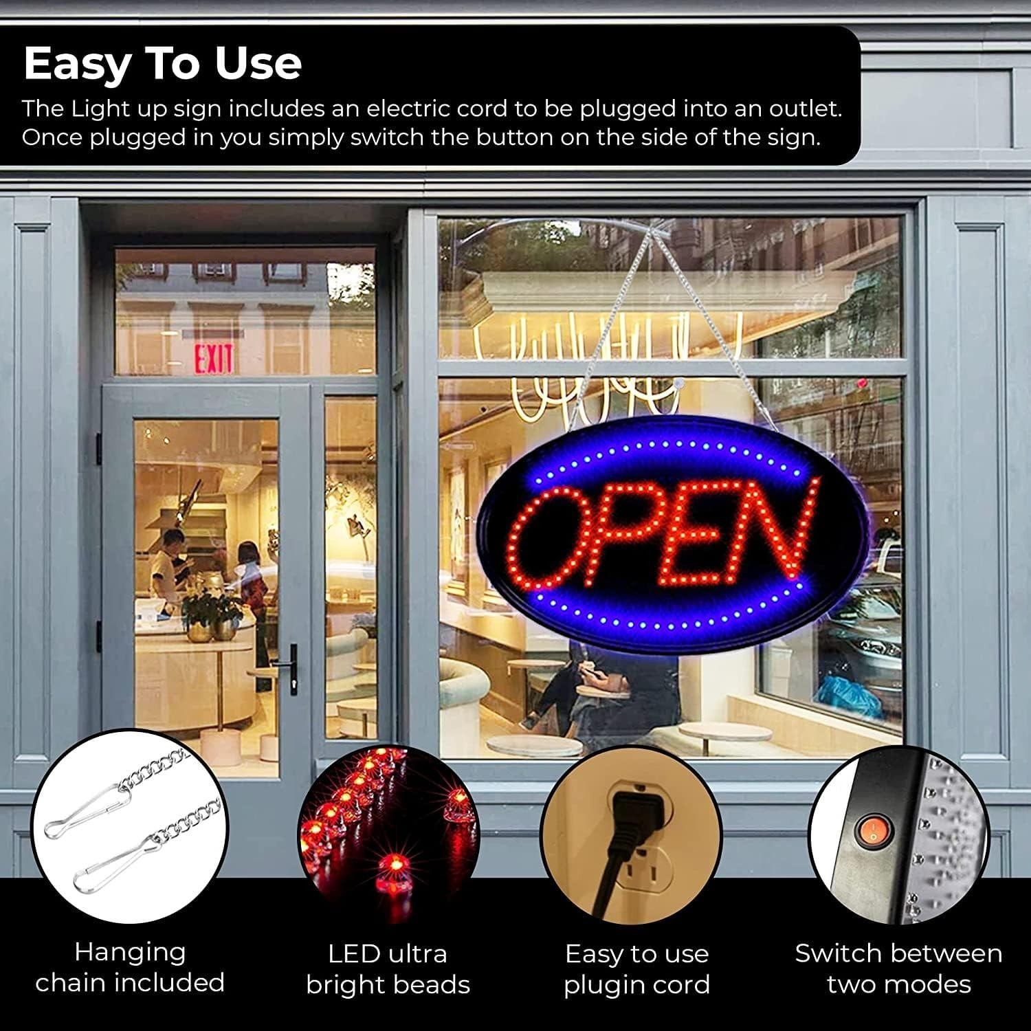 Jumbo 24″ x 13″ LED Neon Sign with Motion – “Open” Red/Blue