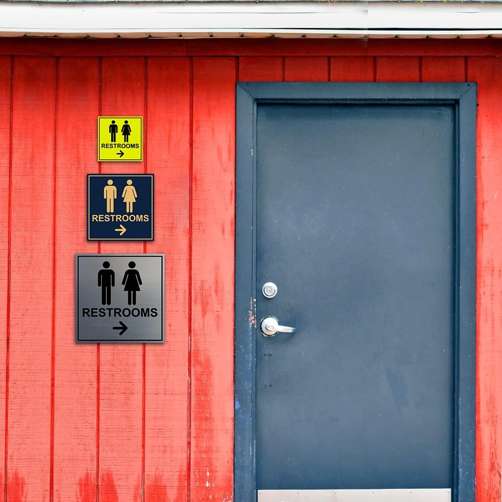1 Pack Square Restrooms Right Arrow Sign Navy Blue White Large Wall Plate