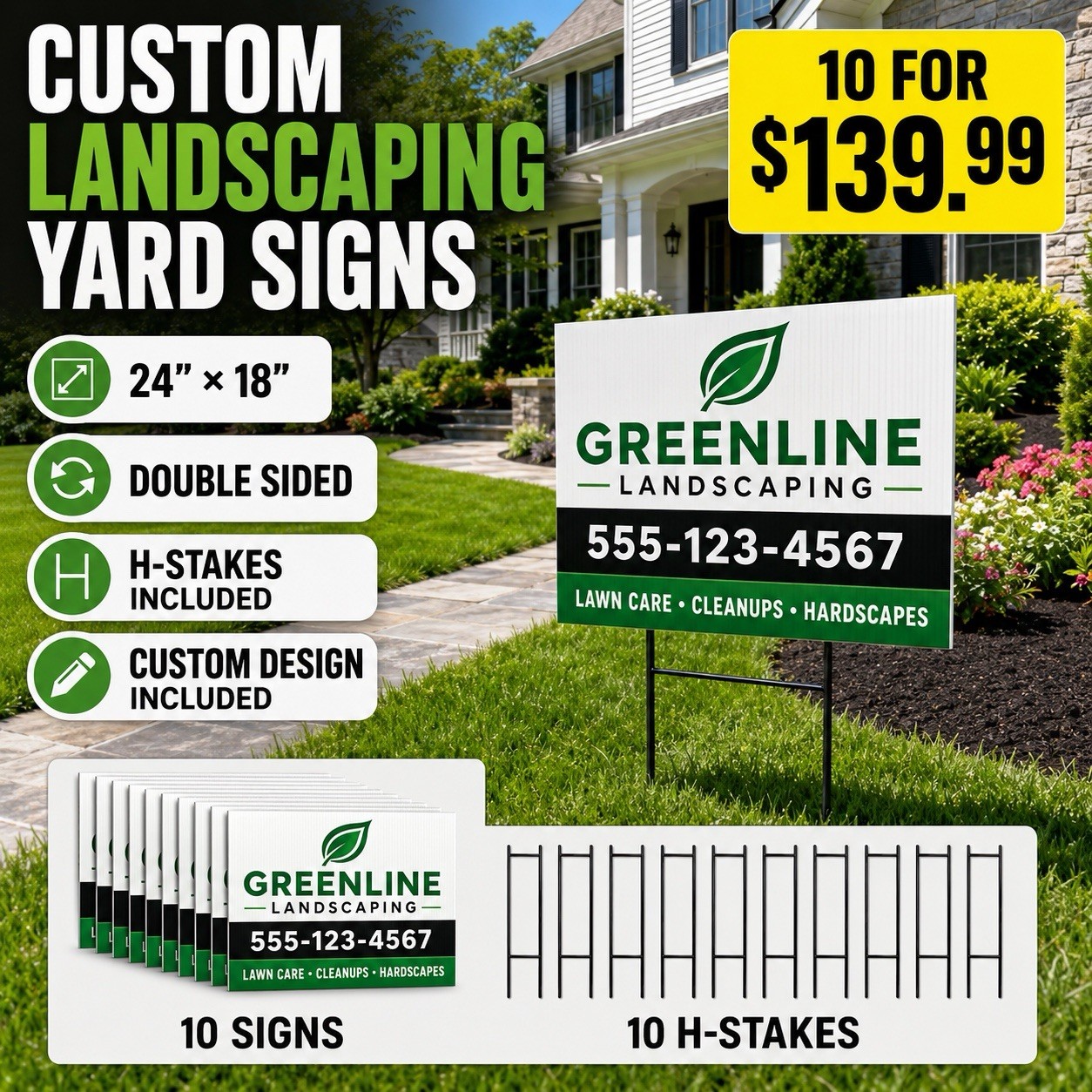 10 Custom Landscaping Yard Signs 24×18 Double Sided Full Color H Stakes
