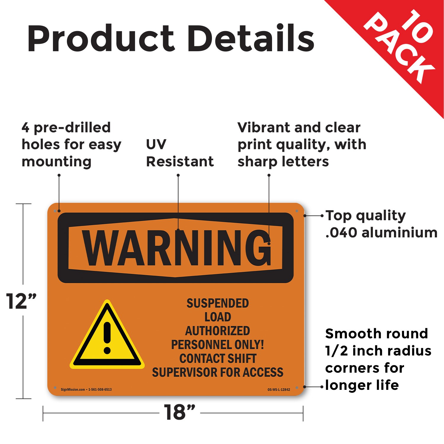 Suspended Load Authorized Personnel Only OSHA WARNING Sign, Decal 5 or 10 Pack