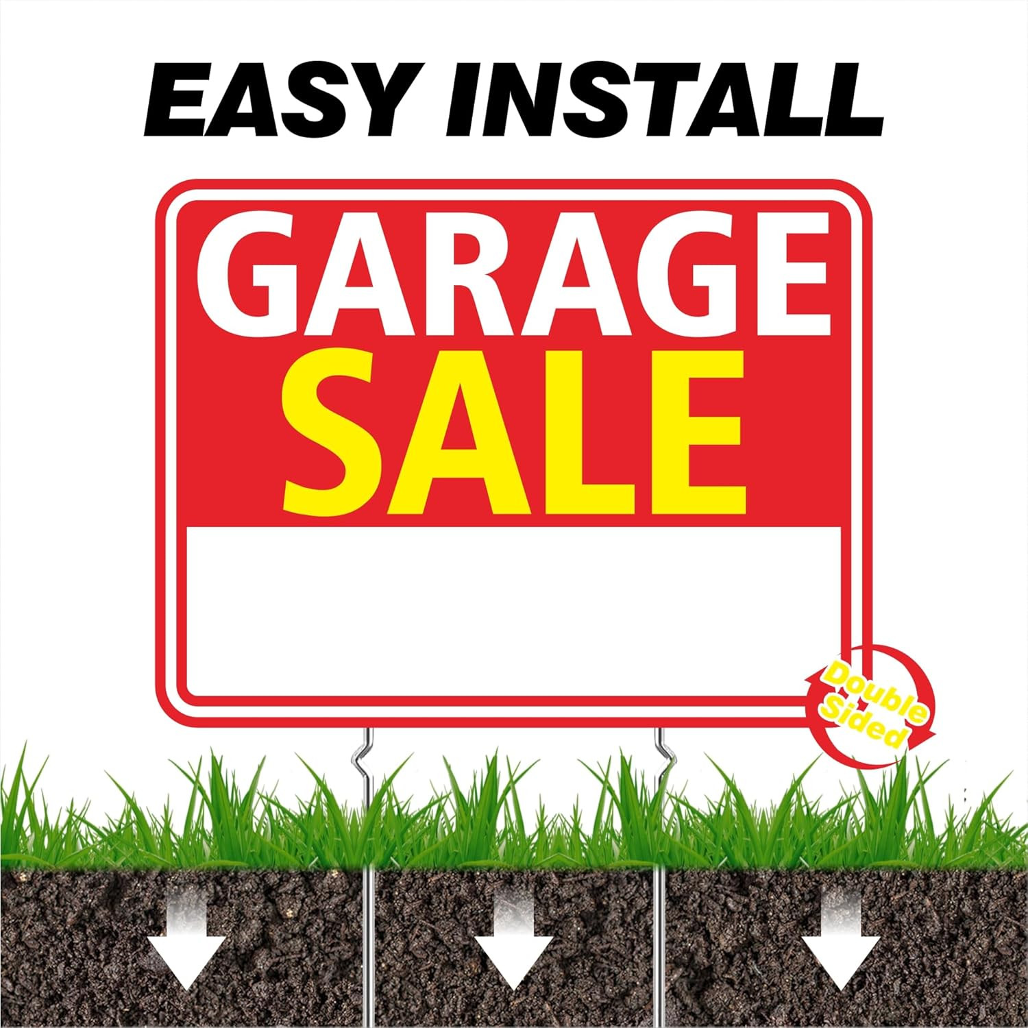 Garage Sale Signs 3 Pack 17″X13″ – Double Sided Yard Sale Signs with Metal Stake