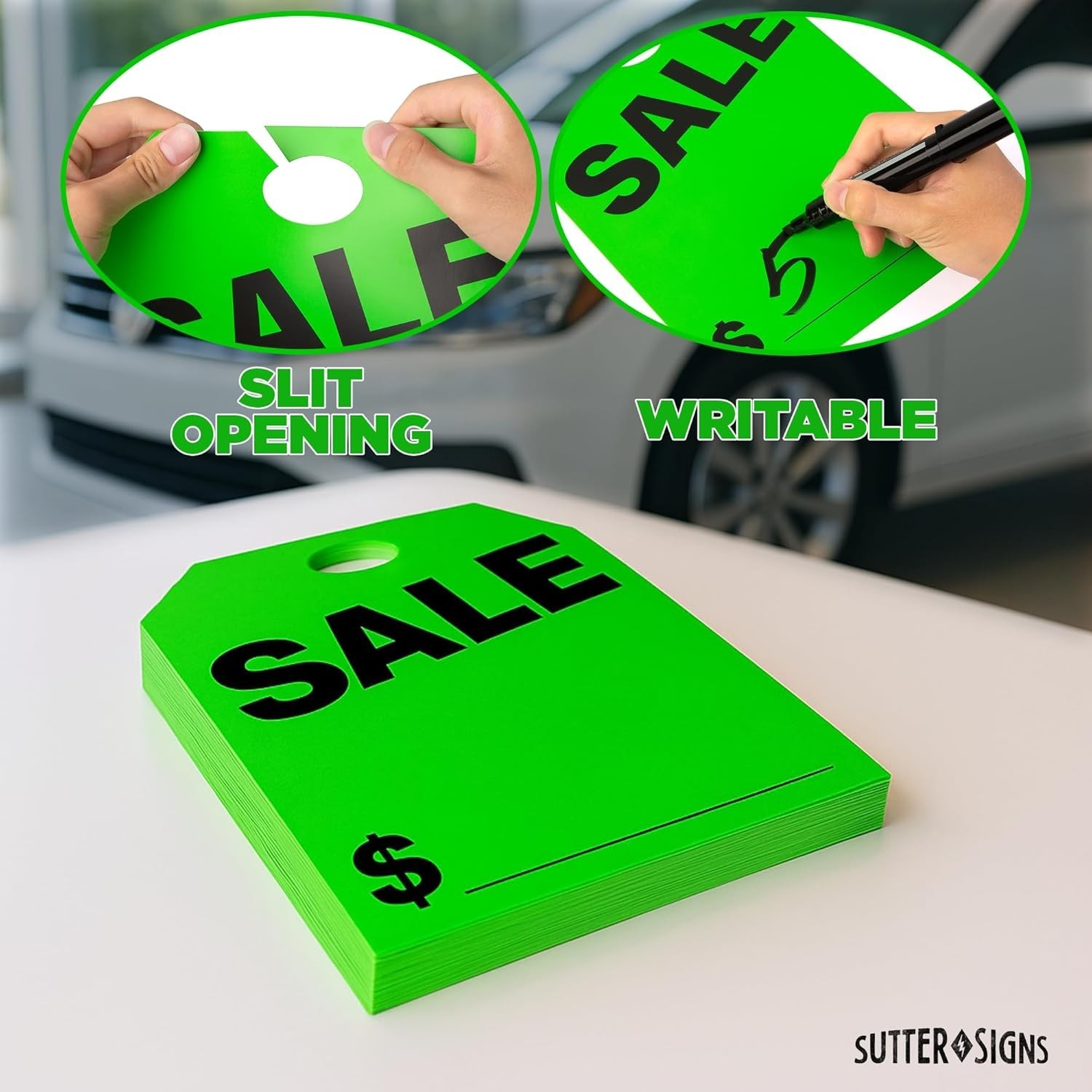 Pack of 50 Neon Green Vehicle Sale Tags – Clear Messaging and Easy Setup