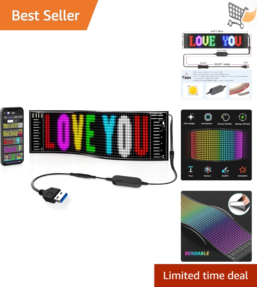 Scrolling Bright LED Sign Flexible USB 5V Bluetooth App Control Custom Text