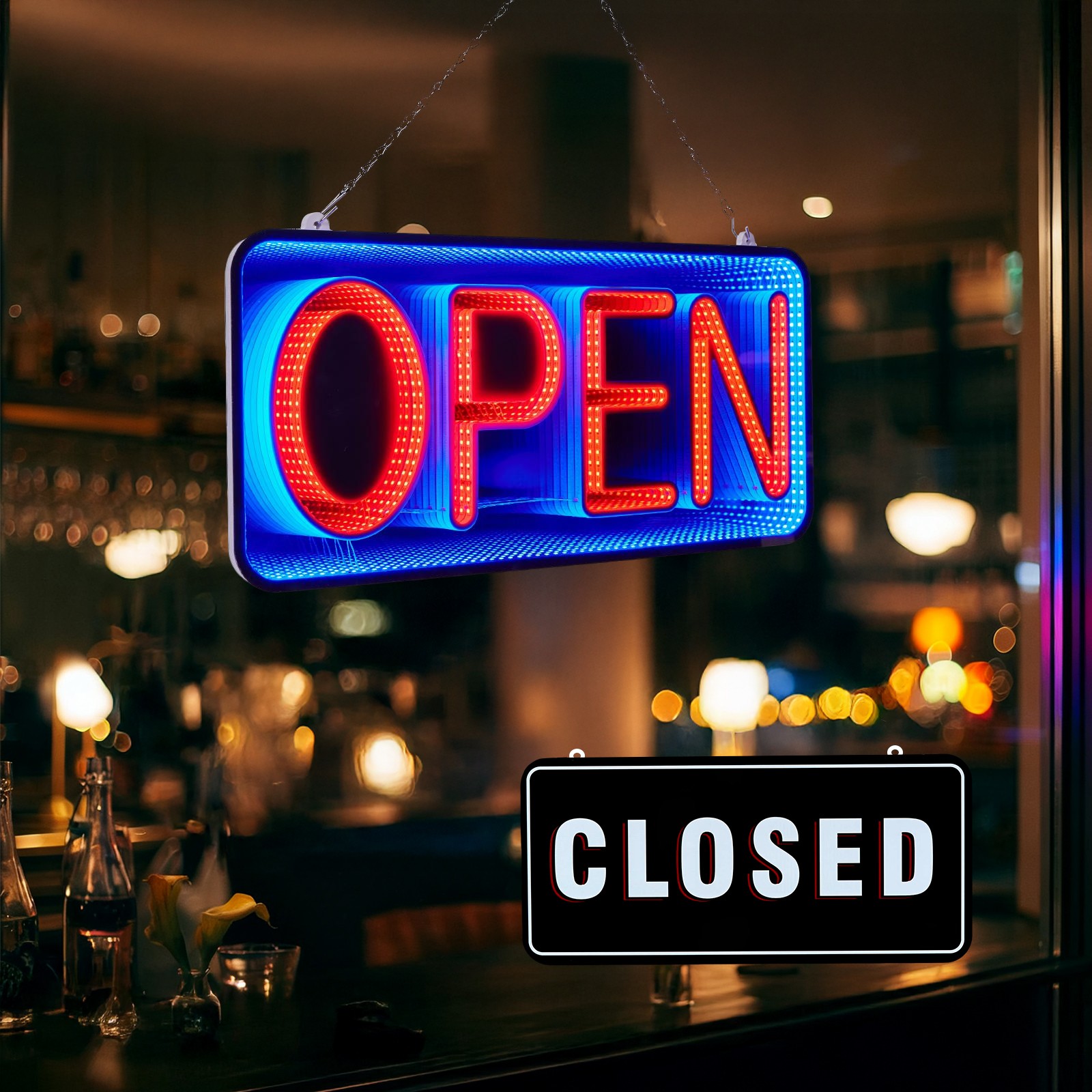 Double-Sided 3D Mirror Neon LED Open & Close Light Flash Business Ad Sign Board