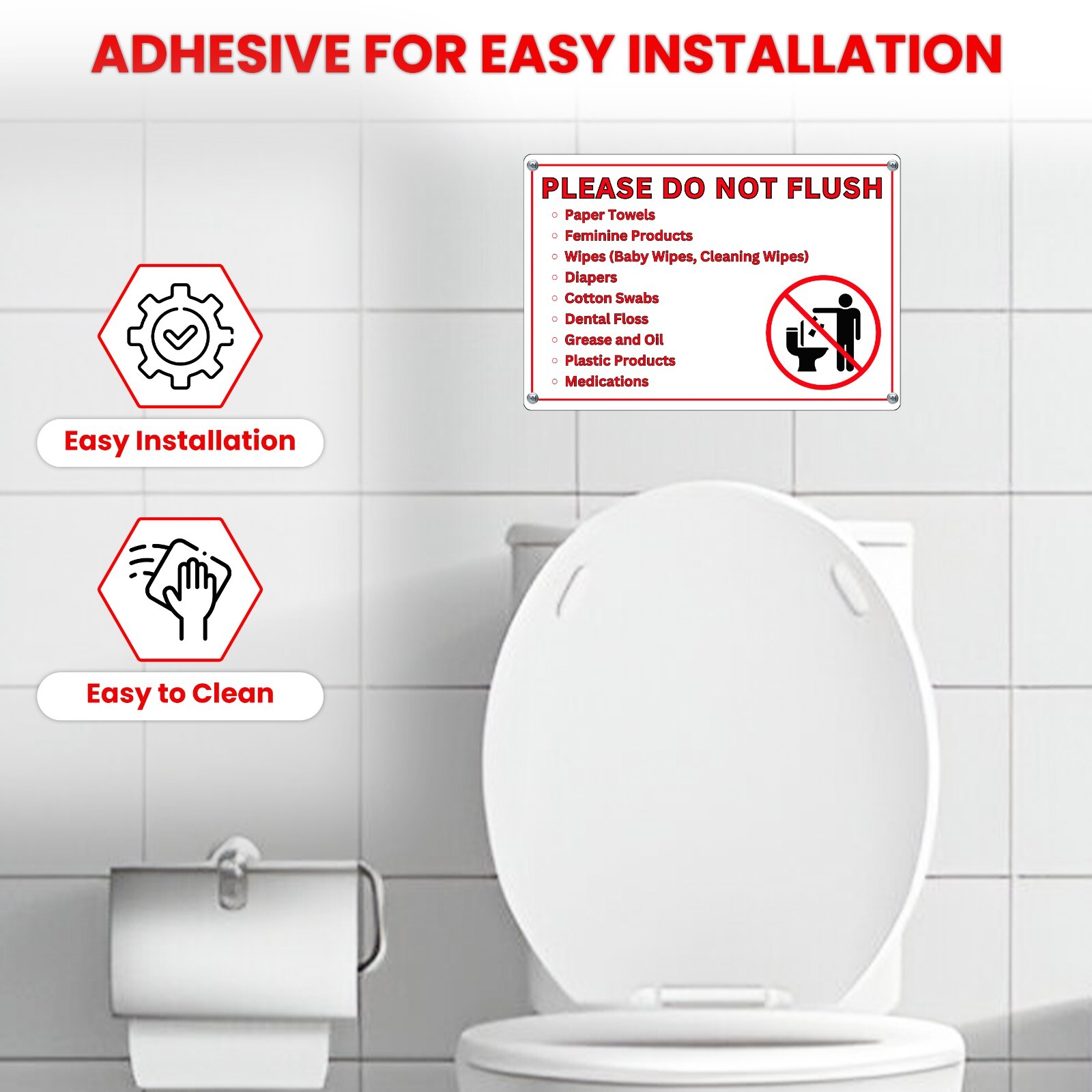 Please Do Not Flush Sign for Bathroom, 10 x 7 Inch Plastic, Adhesive, 1 Sign
