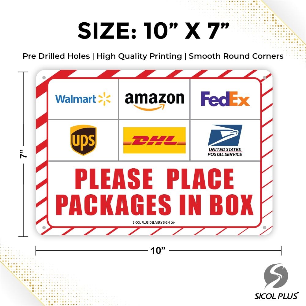 2 Pack 10×7 Inch Please Place Packages in Box Sign Aluminum Delivery Signs