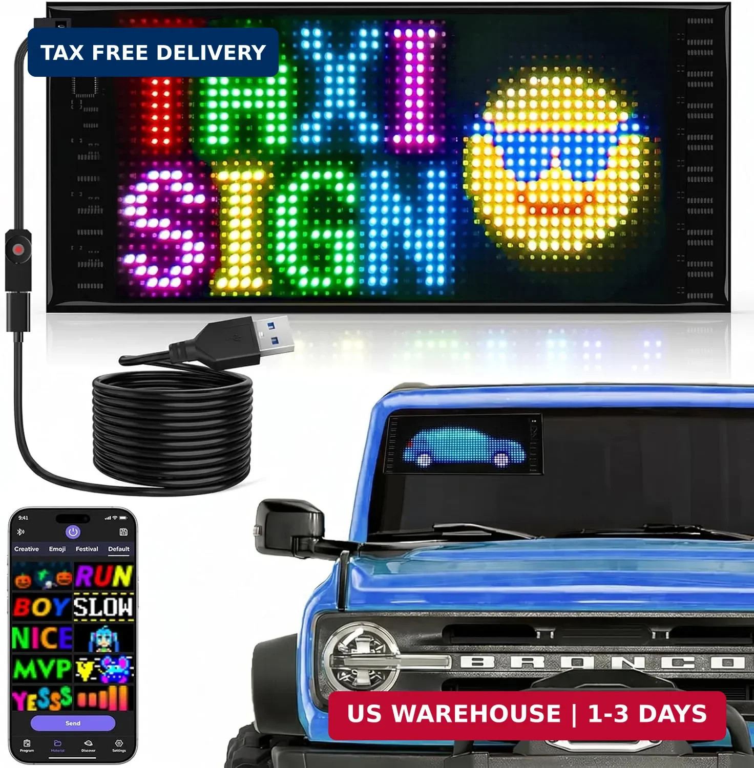 RAYHOME Full Color Dual Row LED Light Sign for Car, 10.6”x4.7” Scrolling LED S