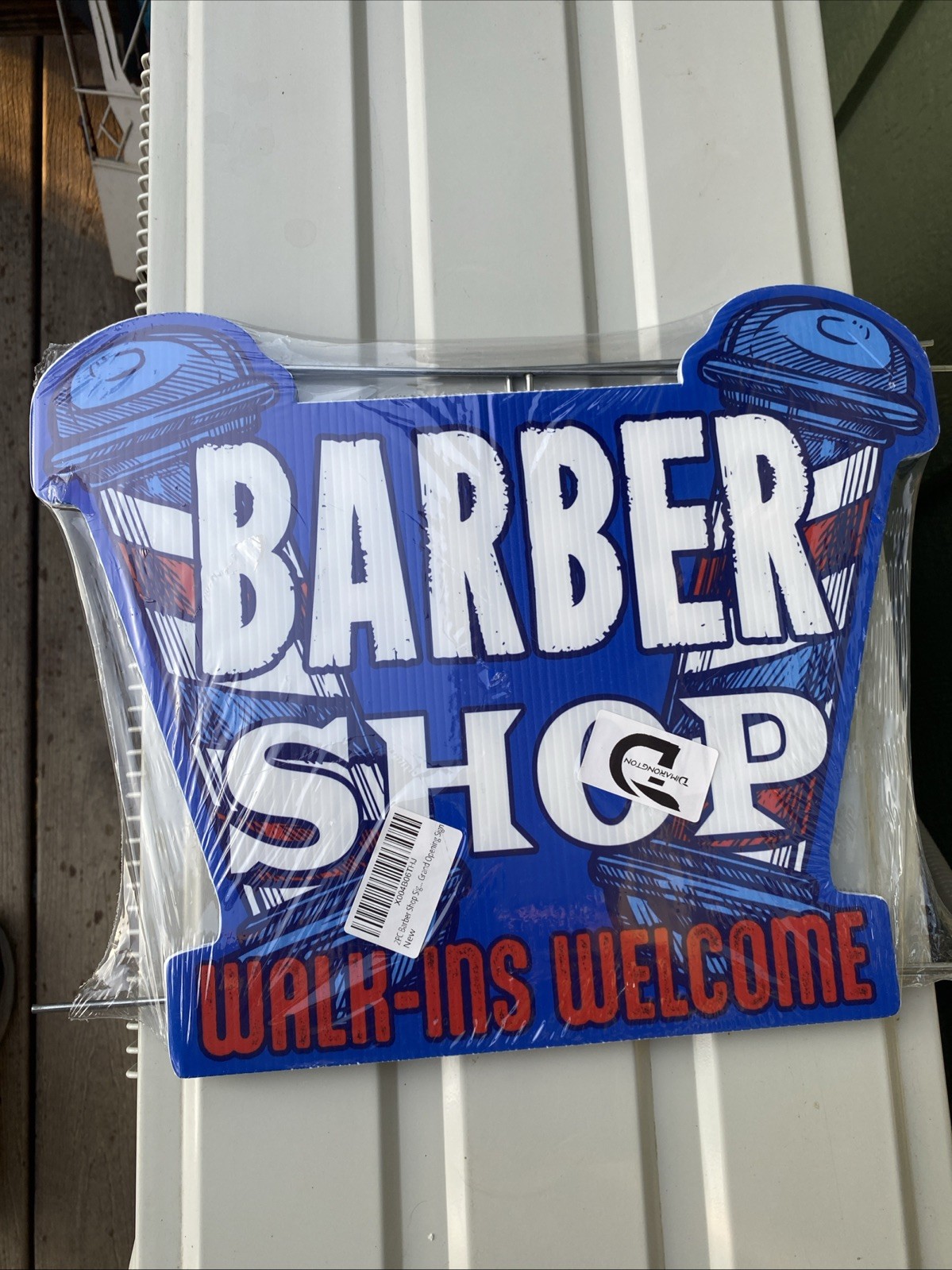 Barber Shop Walk-Ins Welcome Yard Sign Red Blue White Plastic Includes Hardware