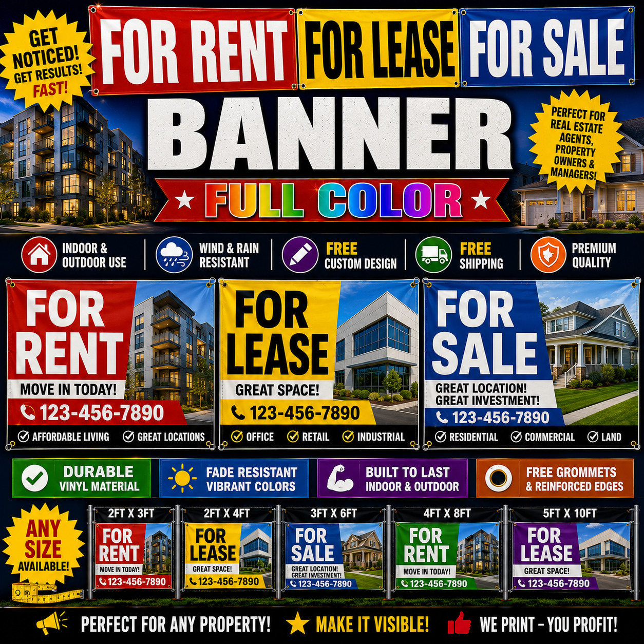 FULL COLOR BANNER INDOOR OUTDOOR USE REAL ESTATE FOR RENT FOR LEASE FOR SALE