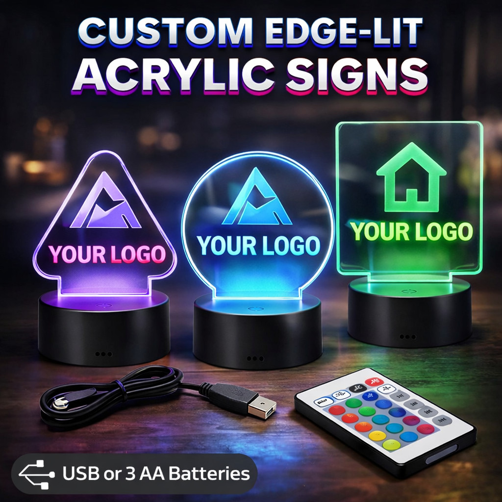 Custom LED Acrylic Sign – Edge Lit Light Stand – Your Logo – 16 Color Remote