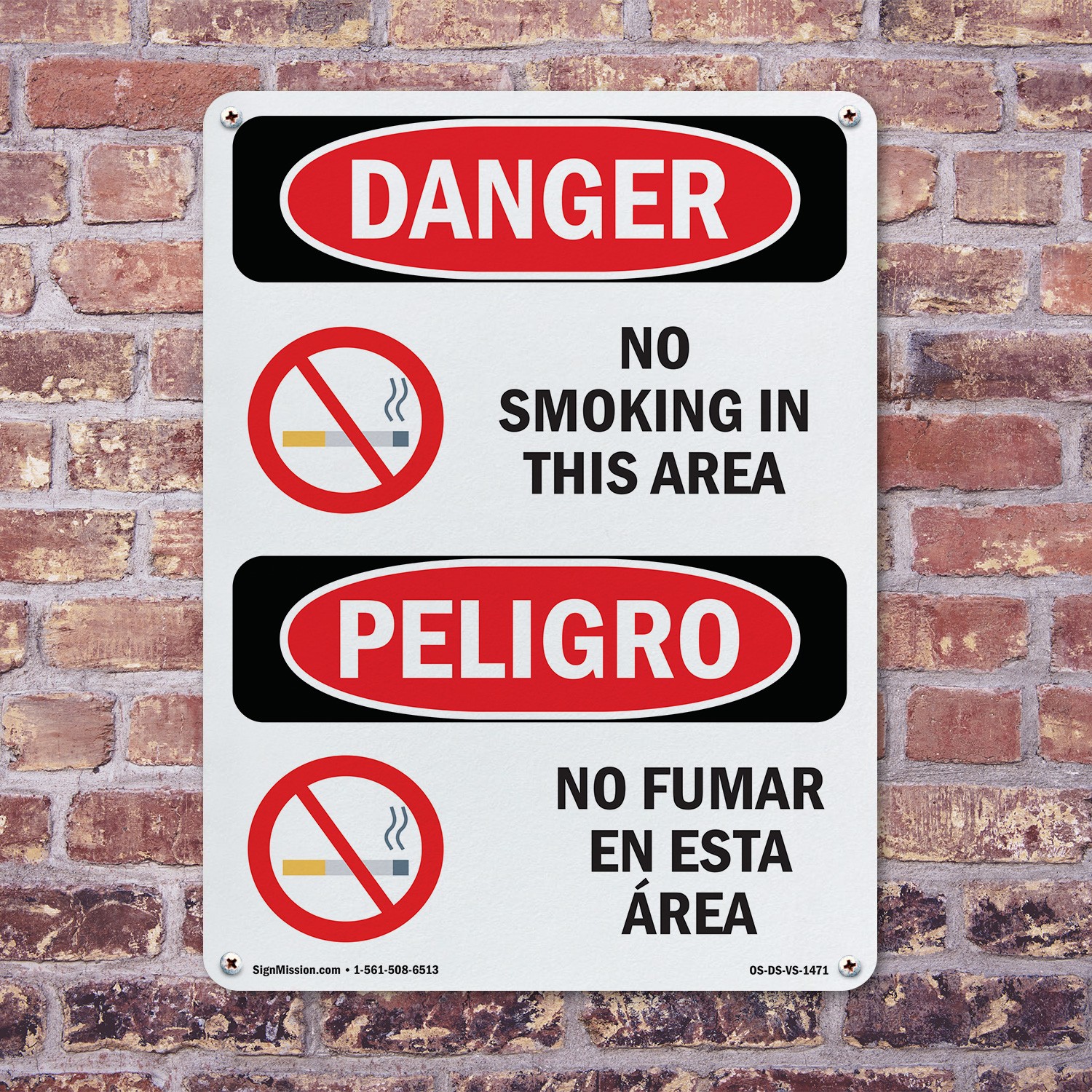 No Smoking In This Area Bilingual OSHA Danger Sign Metal, Decal – 5 or 10 Pack
