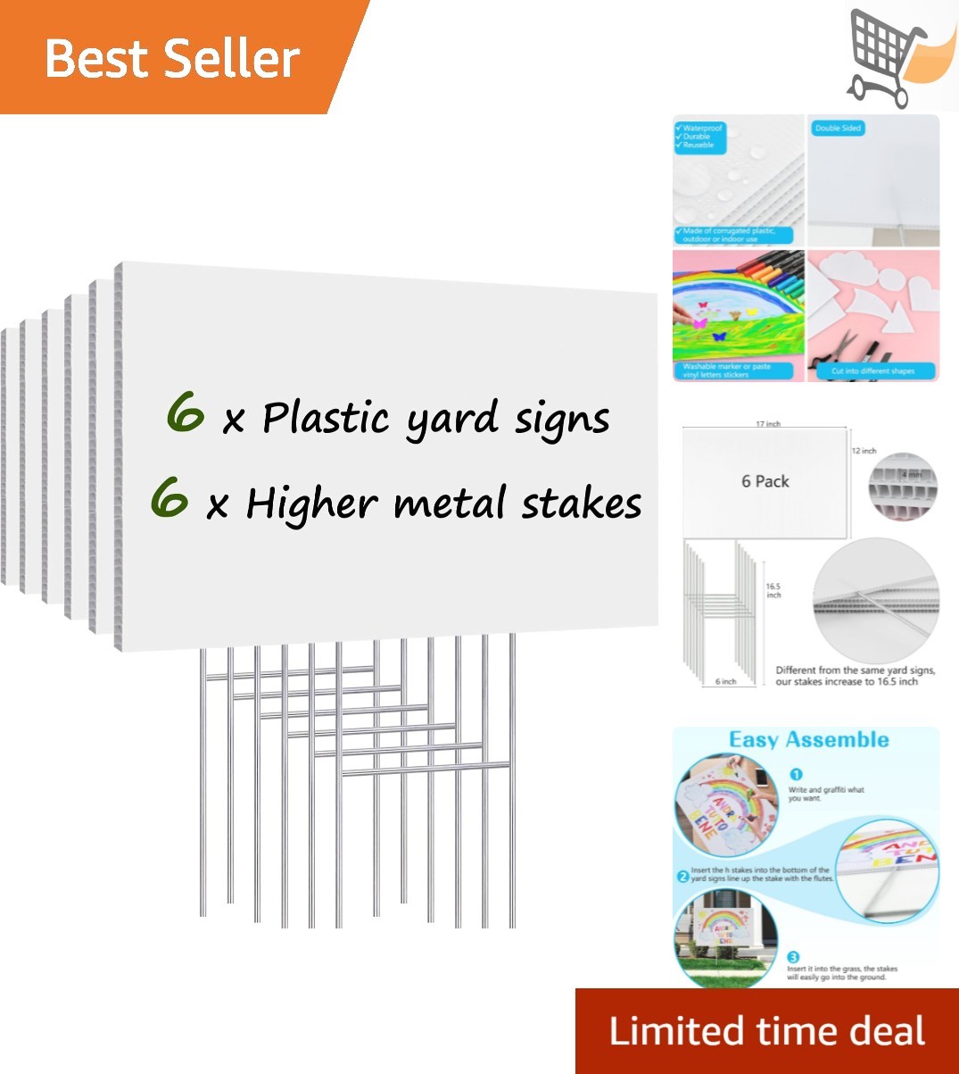 Blank Yard Signs with Stakes 6 Pack Outdoor Corrugated Plastic 17×12 Inches