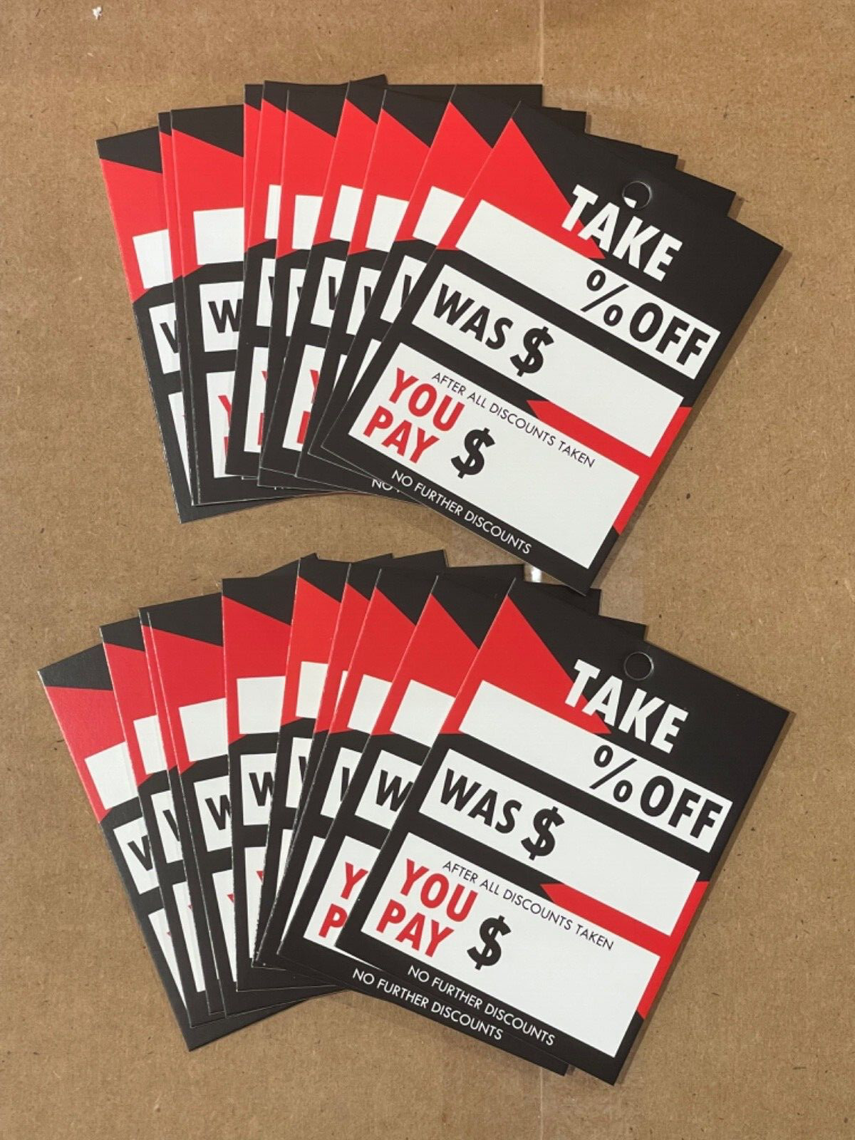 20 Pack 3” x 4” Retail Store Sale Signs Take _% Off Was $_ You Pay $_
