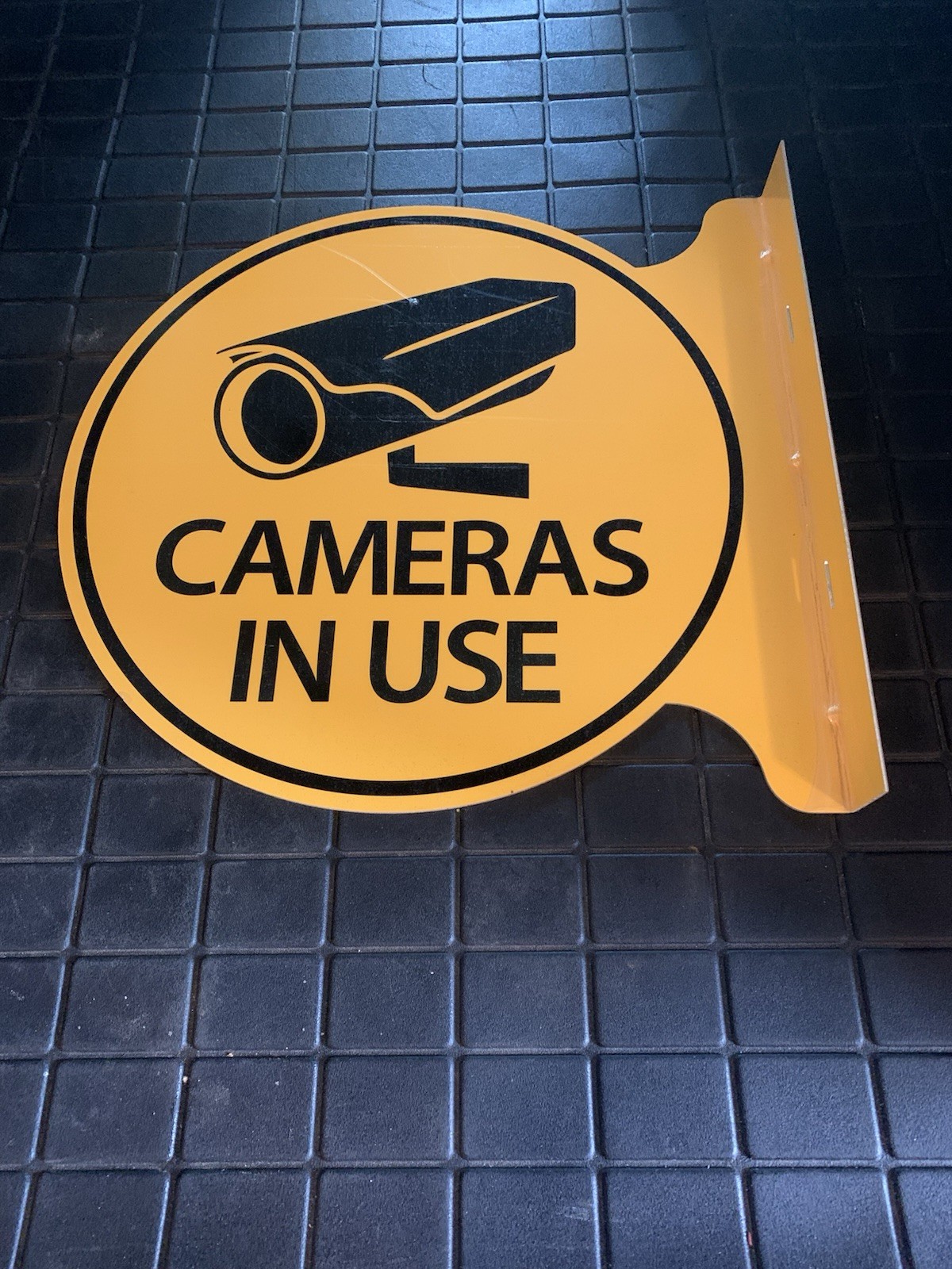 Cameras In Use Flange Sign 19” 3lbs Yellow Security Vintage Metal Business Home