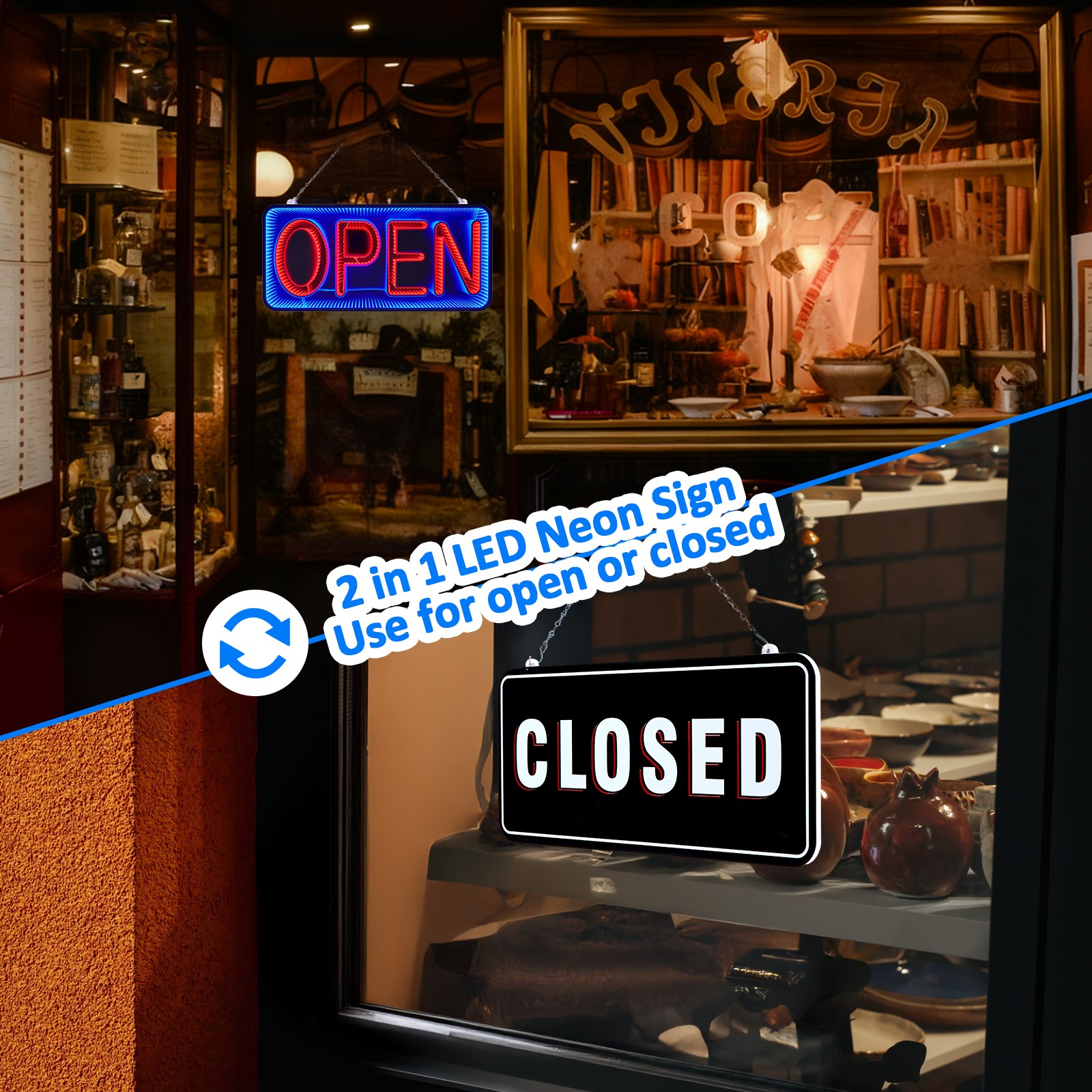 Double-Sided 3D Mirror Neon LED Open & Close Light Flash Business Ad Sign Board