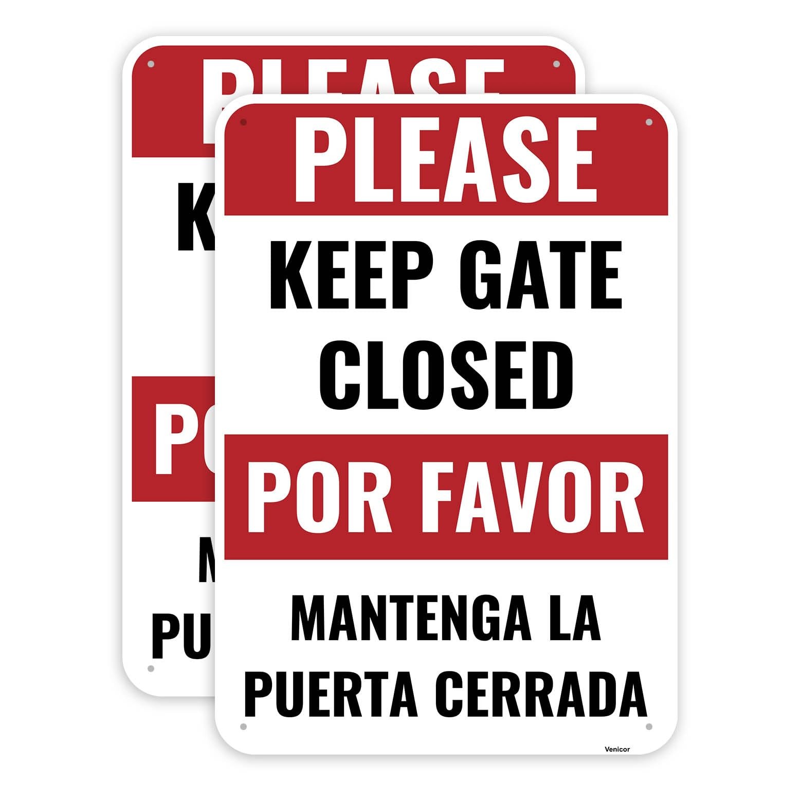 2PC Keep Gate Closed Sign Bilingual 10 x 7 Inches – Aluminum – Please Close G…