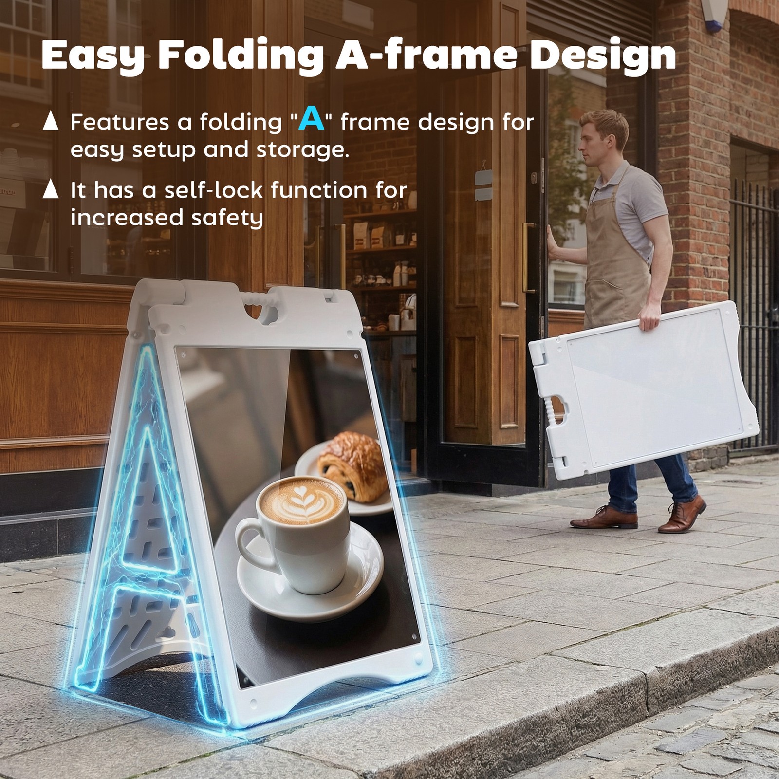 Folding Outdoor Sidewalk Sign Advertising Board w/ Weatherproof Design, White