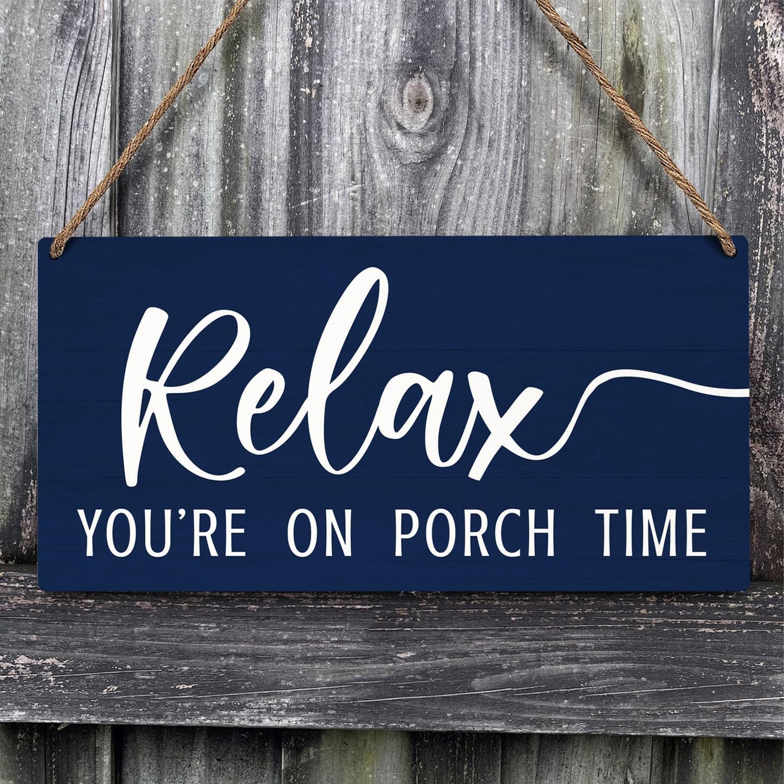 Relax Front Door Sign, Wood Hanging Wall Decor, 12×6 Inch Navy Blue Porch Sign