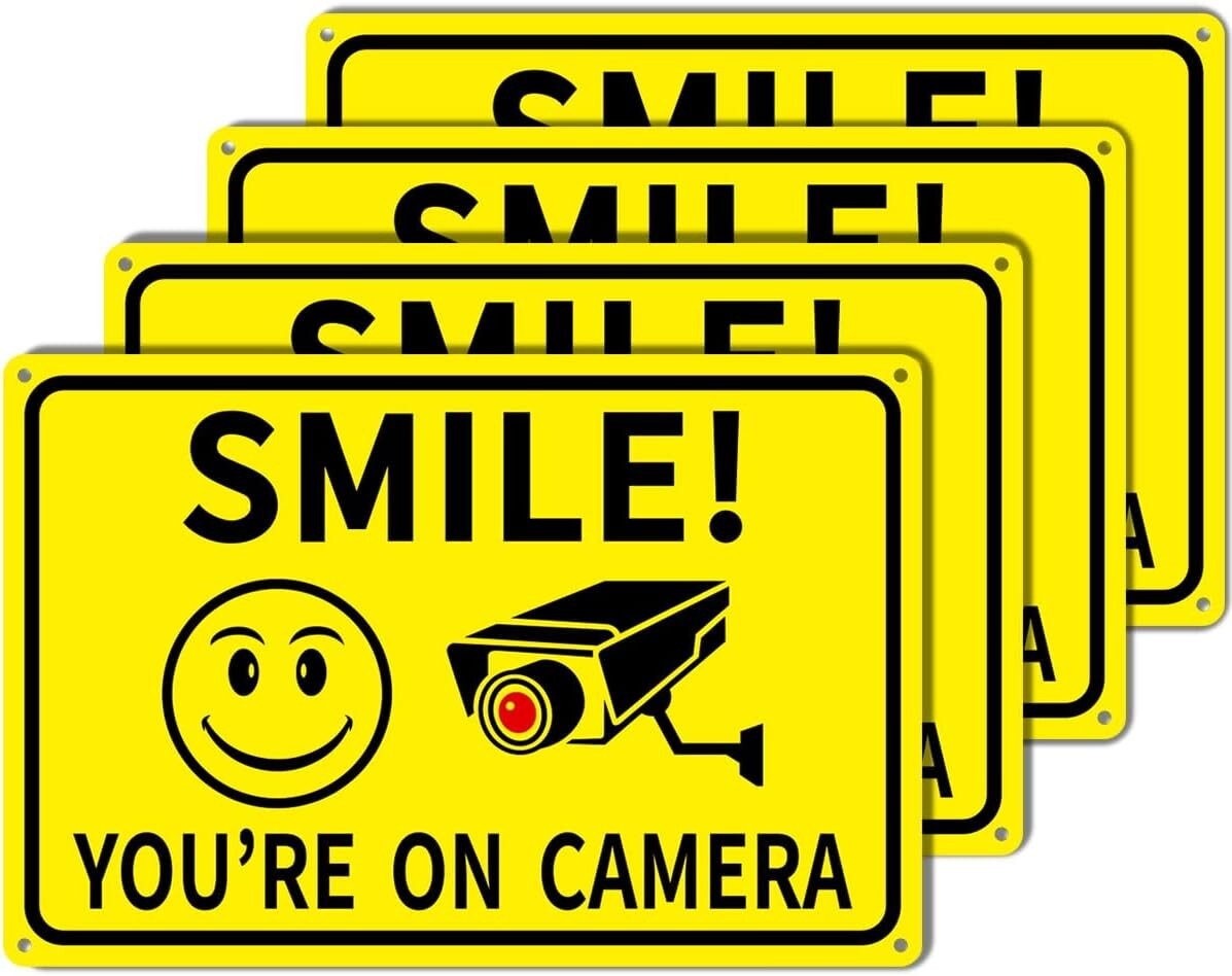 4-Pack Smile You’re On Camera Signs 8″x12″ Rust Free Aluminum Video Surveillance