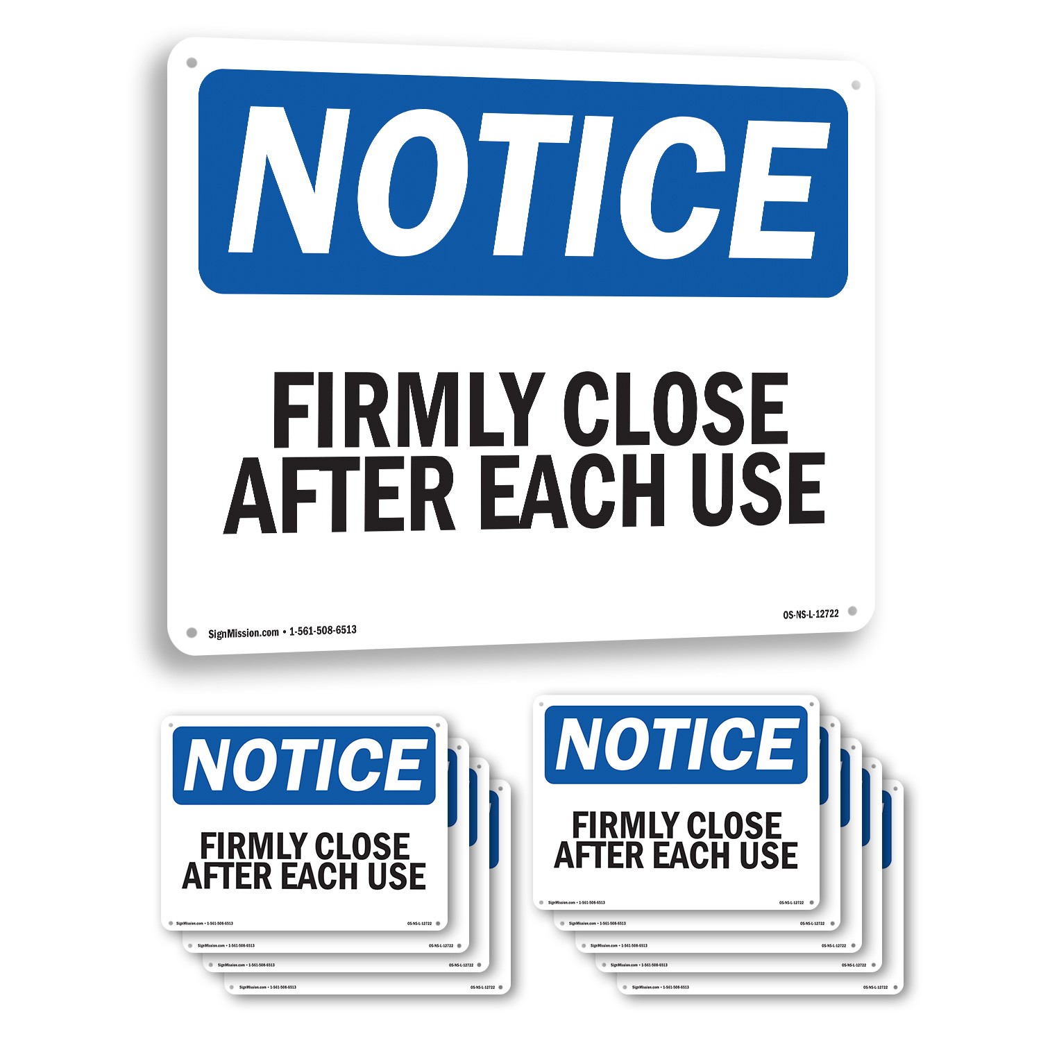 Firmly Close Door After Each Use OSHA Notice Sign Metal, Decal – 5 or 10 Pack