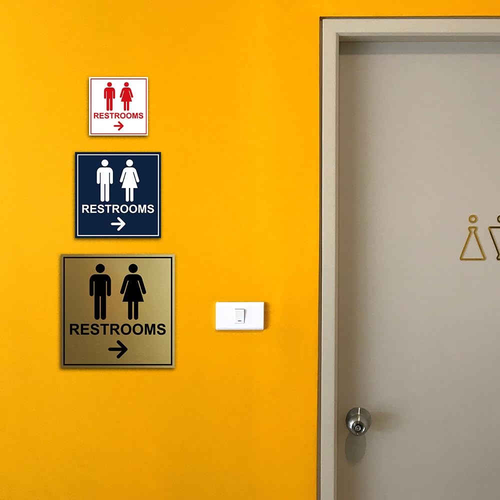 1 Pack Square Restrooms Right Arrow Sign Navy Blue White Large Wall Plate