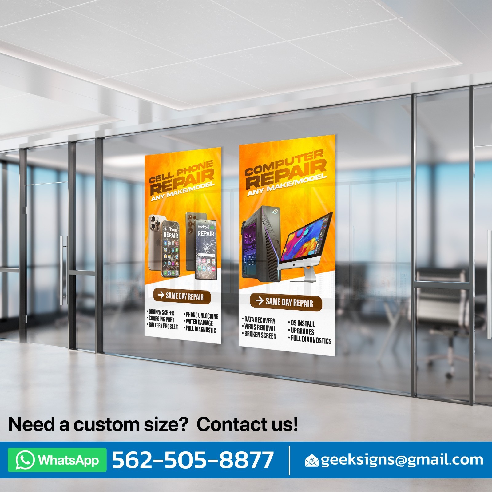 Cell Phone Computer Repair Window Wrap Decals – Set of 2 Storefront Signs Poster