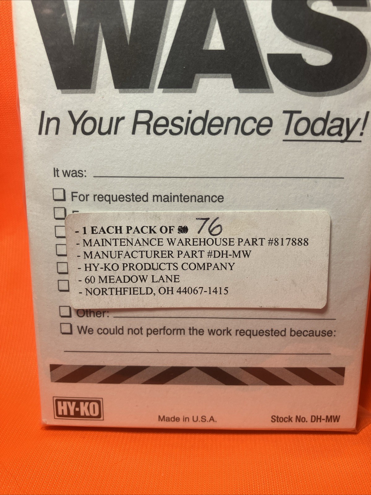 PRODUCTS DH-MW 7 in. x 3-1/2 in. Paper Reversible Maintenance Door Hang Tag 76